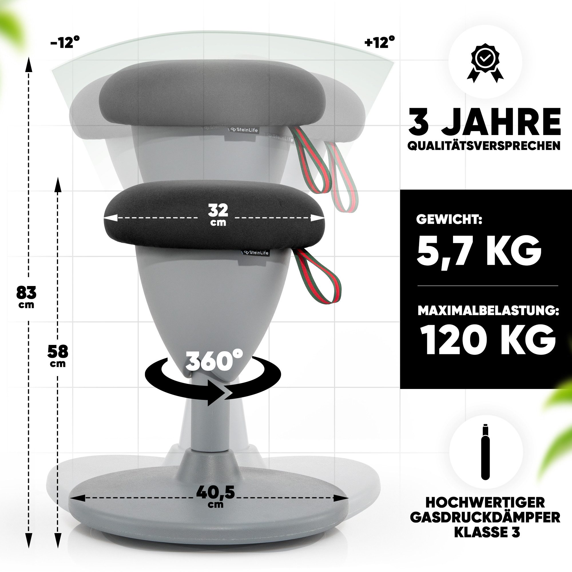 Steinlife Arbeitshocker Ergonomischer Bürohocker [Aktives Sitzen, Gesunde Haltung] (Stehhocker Höhenverstellbar [58-83cm] Ergonomischer Hocker für Büro [Schwingeffekt] Wackelhocker Stehhocker, Arbeitshocker rutschfest Drehhocker)