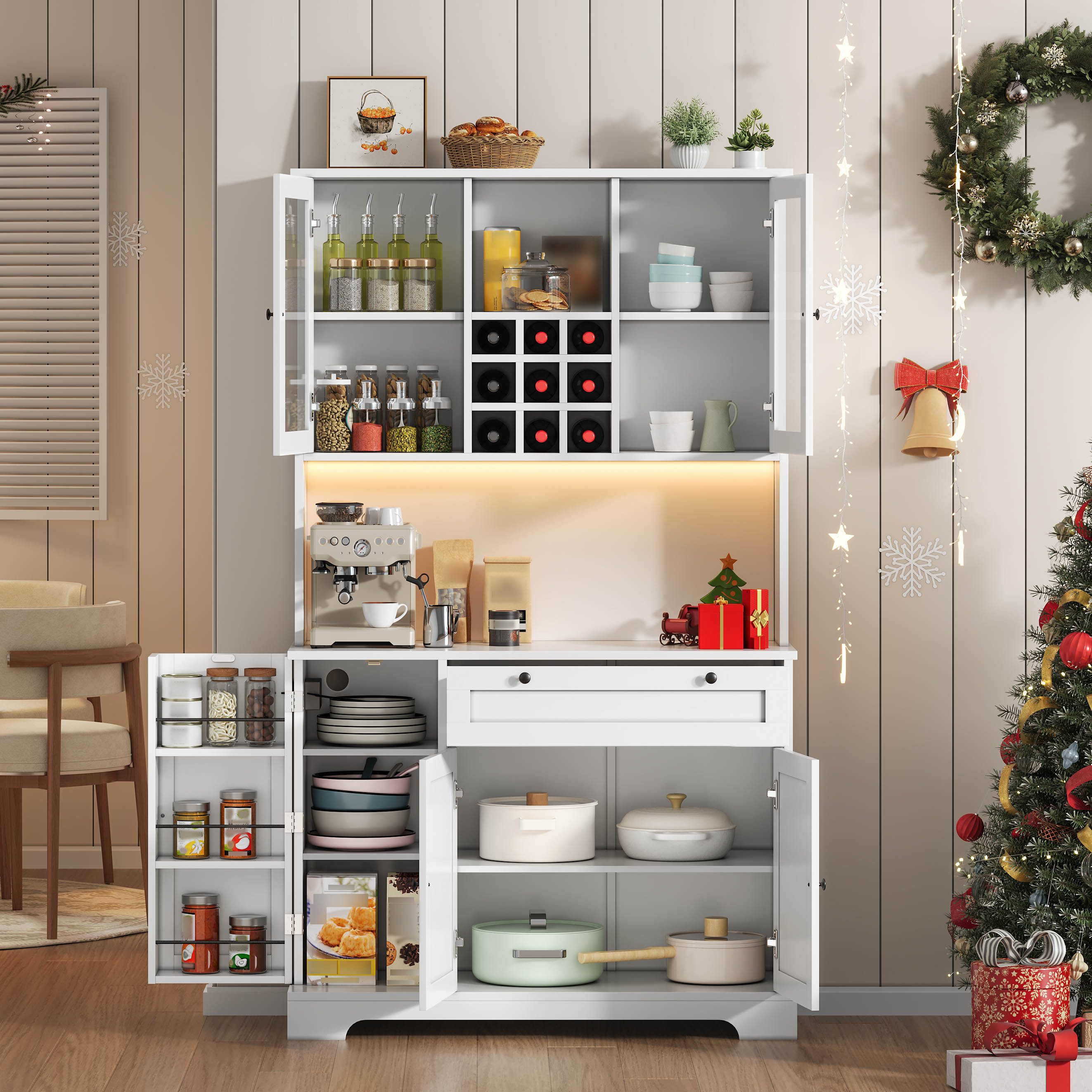 Flieks Küchenbuffet mit Steckdose, LED-Beleuchtung, Weinregal, Glastüren und Türablagen (1-St., 105x40x180 cm) Hochschrank Küchenschrank Geschirrschrank mit verstellbare Ablagen