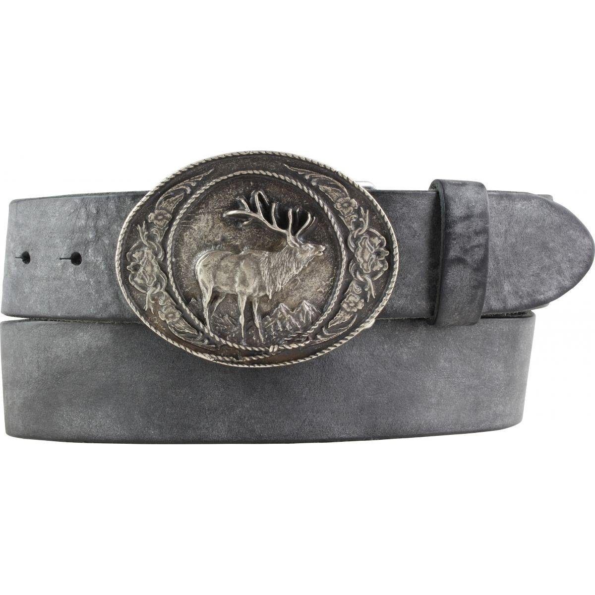 BELTINGER Ledergürtel Jagd-Gürtel mit Hirsch-Gürtelschnalle aus weichem Vollrindleder 4 cm U Schwarz, Altsilber