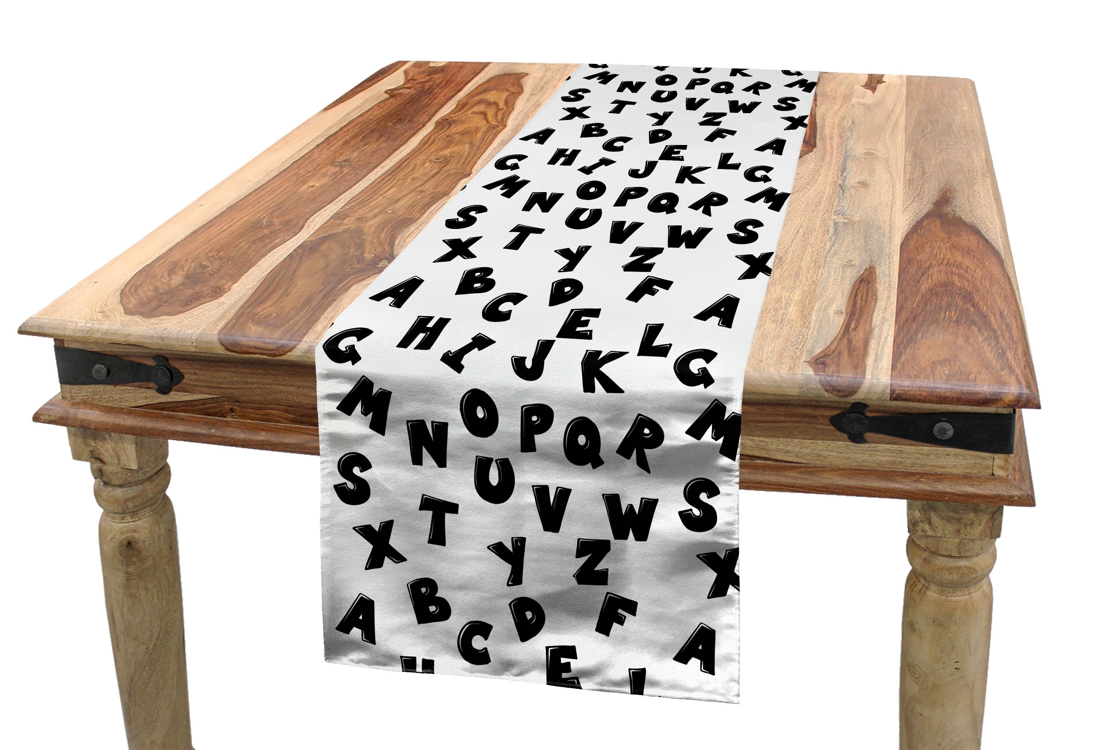 Schwarzen Abakuhaus Alphabet Tischläufer, Esszimmer Rechteckiger Dekorativer Tischläufer Verstreut Buchstaben Küche