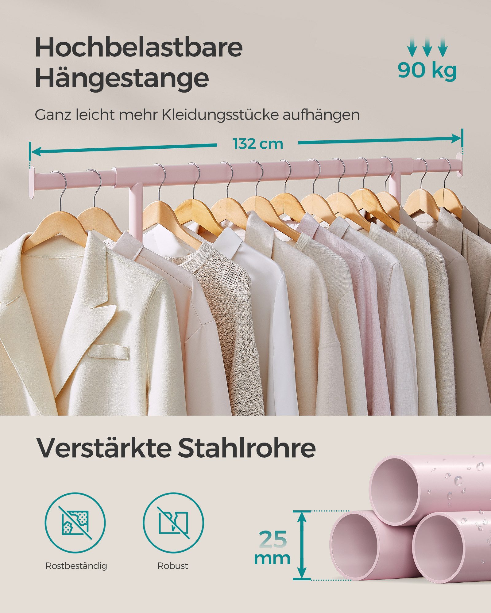 SONGMICS Kleiderständer Schwerlast-Garderobenständer ausziehbare Kleiderstange, bis 100 kg belastbar, einfache Montage, auf Rollen, transportabel – Bild 4 von 5