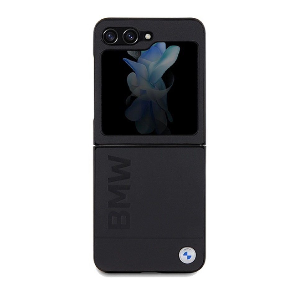 BMW Handyhülle Case für Galaxy Z Flip 5 Echtleder schwarz Logo Metall 6,7 Zoll, klappbar