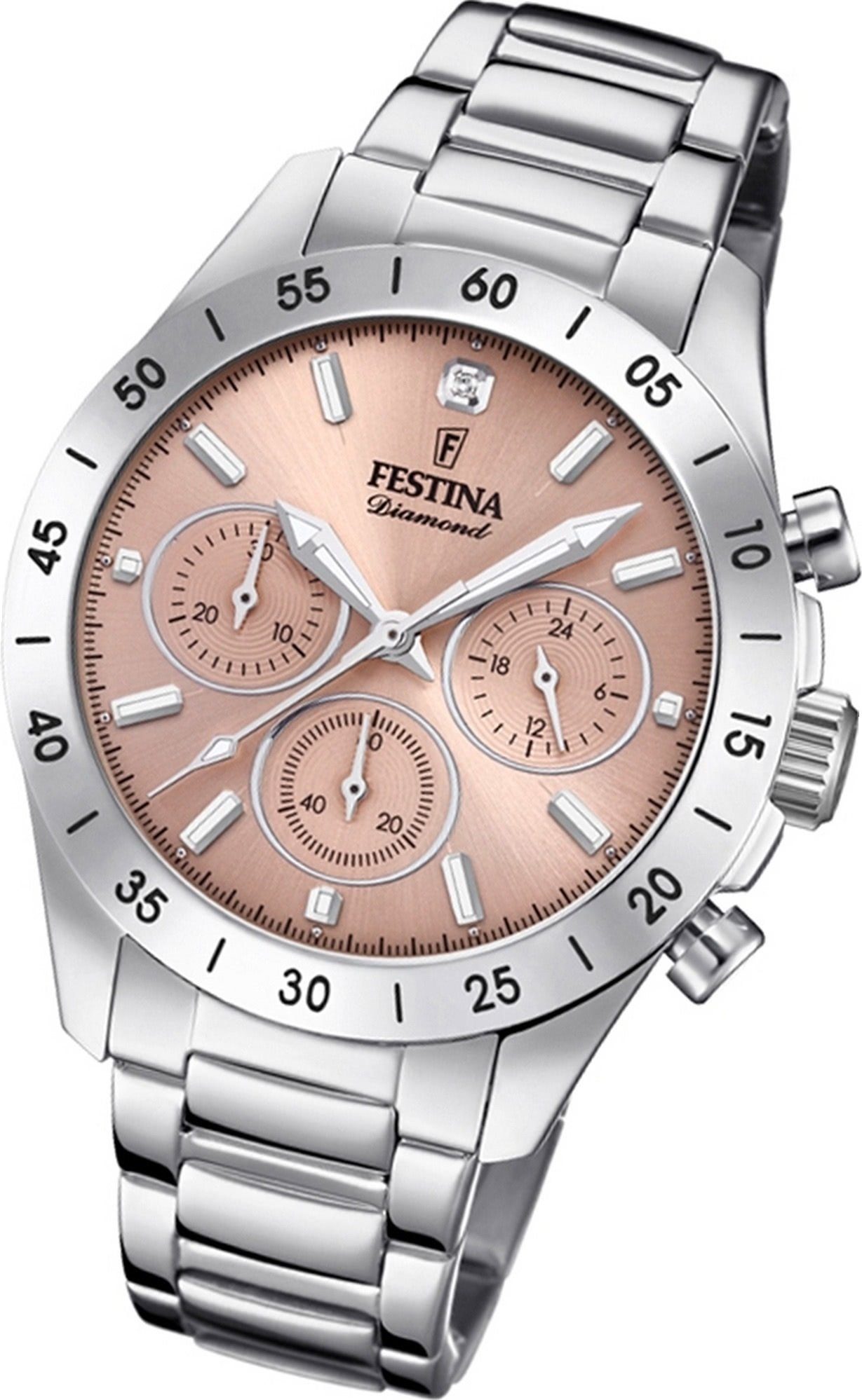 Festina Chronograph Festina Edelstahl Damen Uhr, Damenuhr Edelstahlarmband silber, rund, mittel (ca. 39mm)