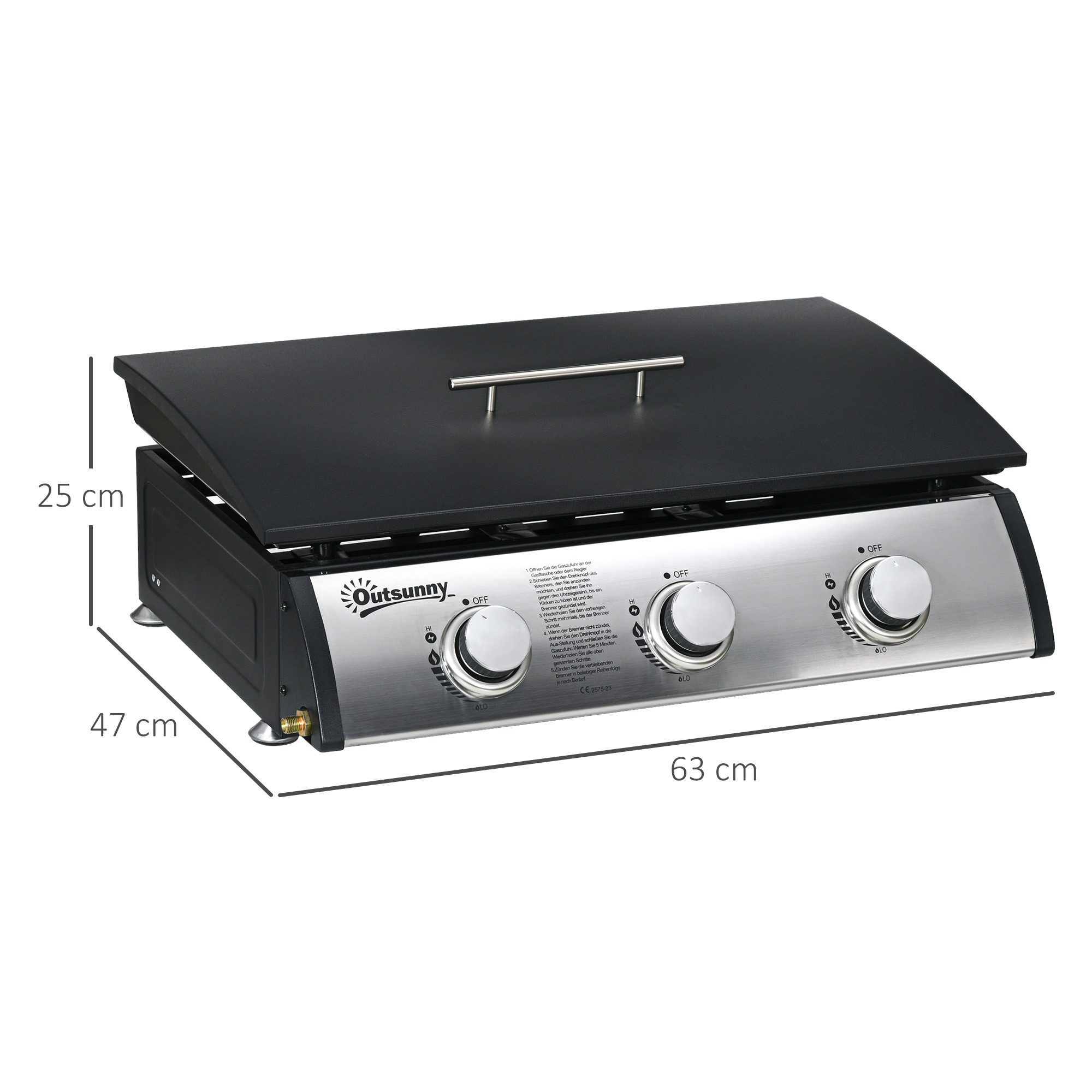 Outsunny Gasgrill mit Deckel, 3 Brennern, Fettauffangschale, antihaft-Platte, Tischgasgrill, Tischgrill, für Garten, Balkon, Schwarz