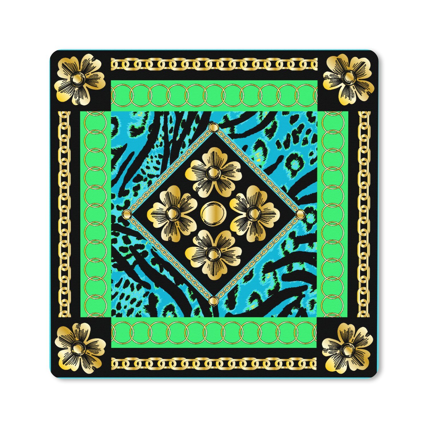 MuchoWow Gaming Mauspad Tiermuster - Blumen - Halskette - Gold - Muster (1-St), Gaming, Rutschfester Unterseite, Mausunterlage, 80x80 cm, XXL, Großes