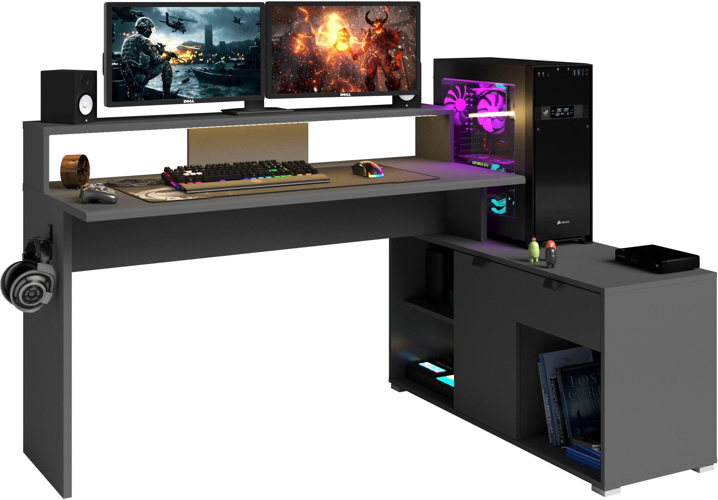 Faizee Home Schreibtisch Parisot Work 11 Gaming Schreibtisch mit LED & Monitorbrücke (Schreibtisch-Set, 2-St., Gaming-Schreibtisch mit Regal und LED-Beleuchtung), LED-Beleuchtung mit Farbwechsel