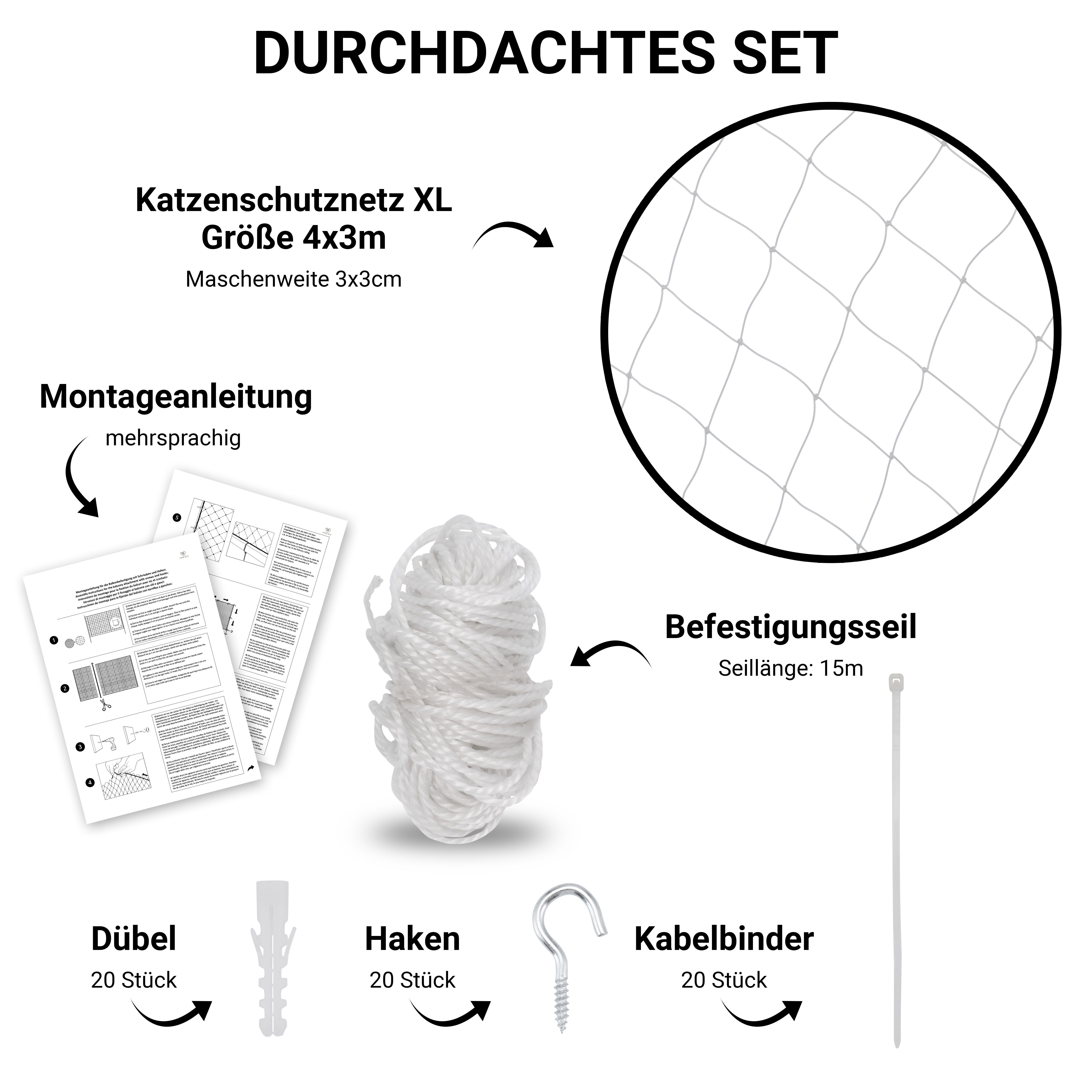 FinoPet Schutznetz Katzennetz für Balkon transparent inkl. Befestigungsmaterial, BxL: 4x3 m, (Größe 4 x 3 Meter), Balkon, Katzennetz, Katzenschutz, Balkon, ohne Bohren