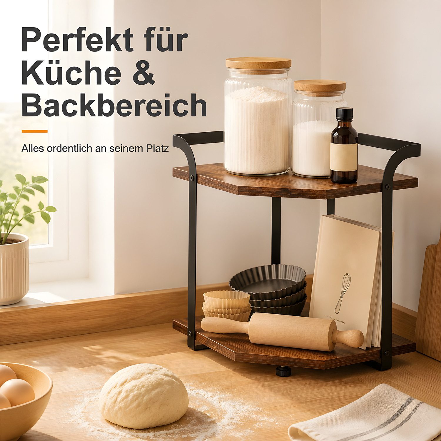 HEYHIPPO Küchenregal Eckregal 2 Ebenen 38×33×20 cm – Holzregal für Küche & Arbeitsplatte, Packung, Platzsparendes Eckregal– vielseitige Ablage für Gewürze & Tas – Bild 4 von 5