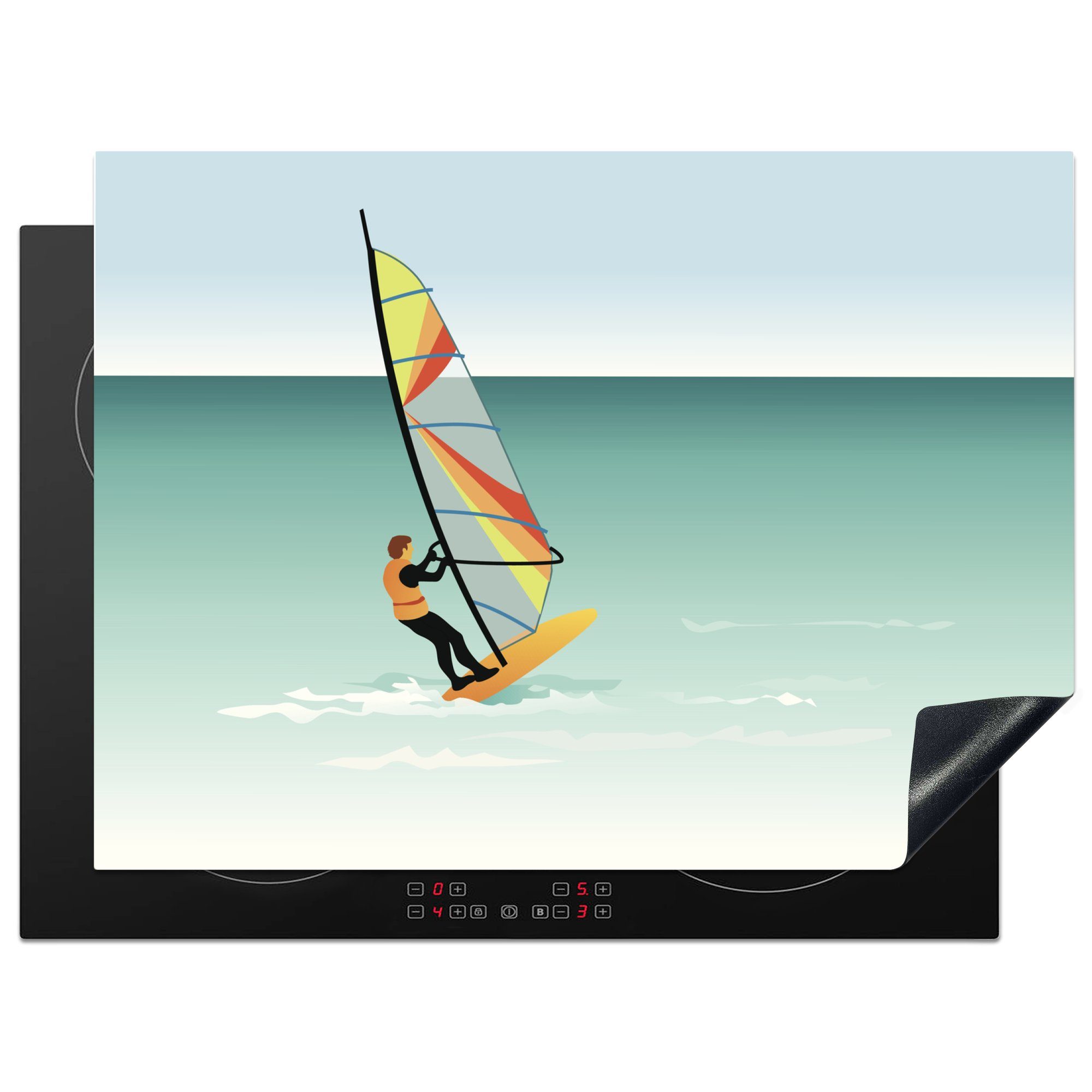 MuchoWow Herdblende-/Abdeckplatte Illustration eines Mannes beim Windsurfen an der Küste, Vinyl, (1 tlg), 70x52 cm, Mobile Arbeitsfläche nutzbar, Ceranfeldabdeckung
