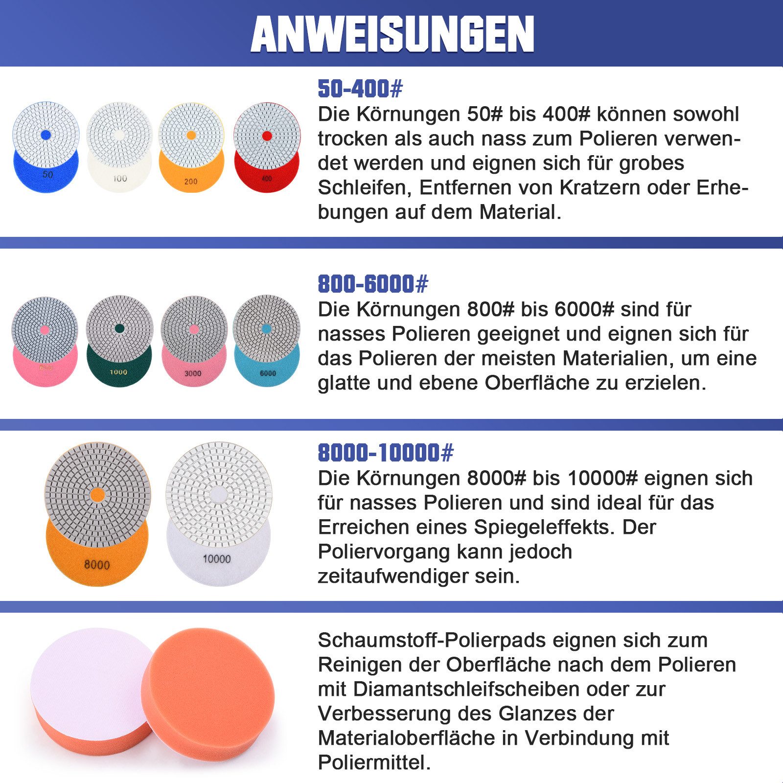 XERSEK Polishing Pad 16 Pieces M14 Diamond Polishing Discs Wet/Dry Sanding Pad Polishing Pad, Ø125mm Floor Grinder Polisher 50-10000# with Suction Pad + Drill Attachment