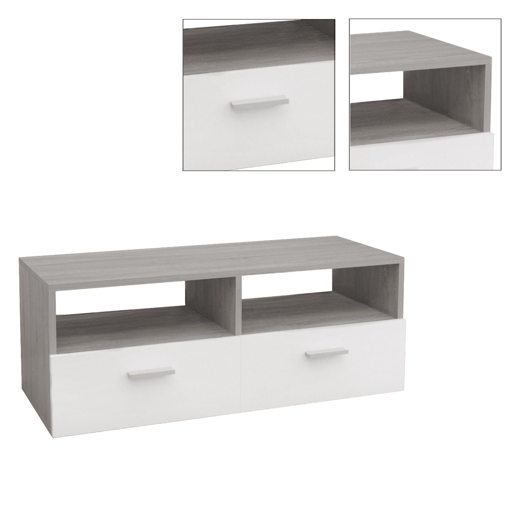 aus Modernes Holz, Fächern TV-Board Weiß mit mit Grau, 2 für Wohnzimmer, 2 Klapptüren offenen Stauraum Sideboard ML-DESIGN und TV-Lowboard