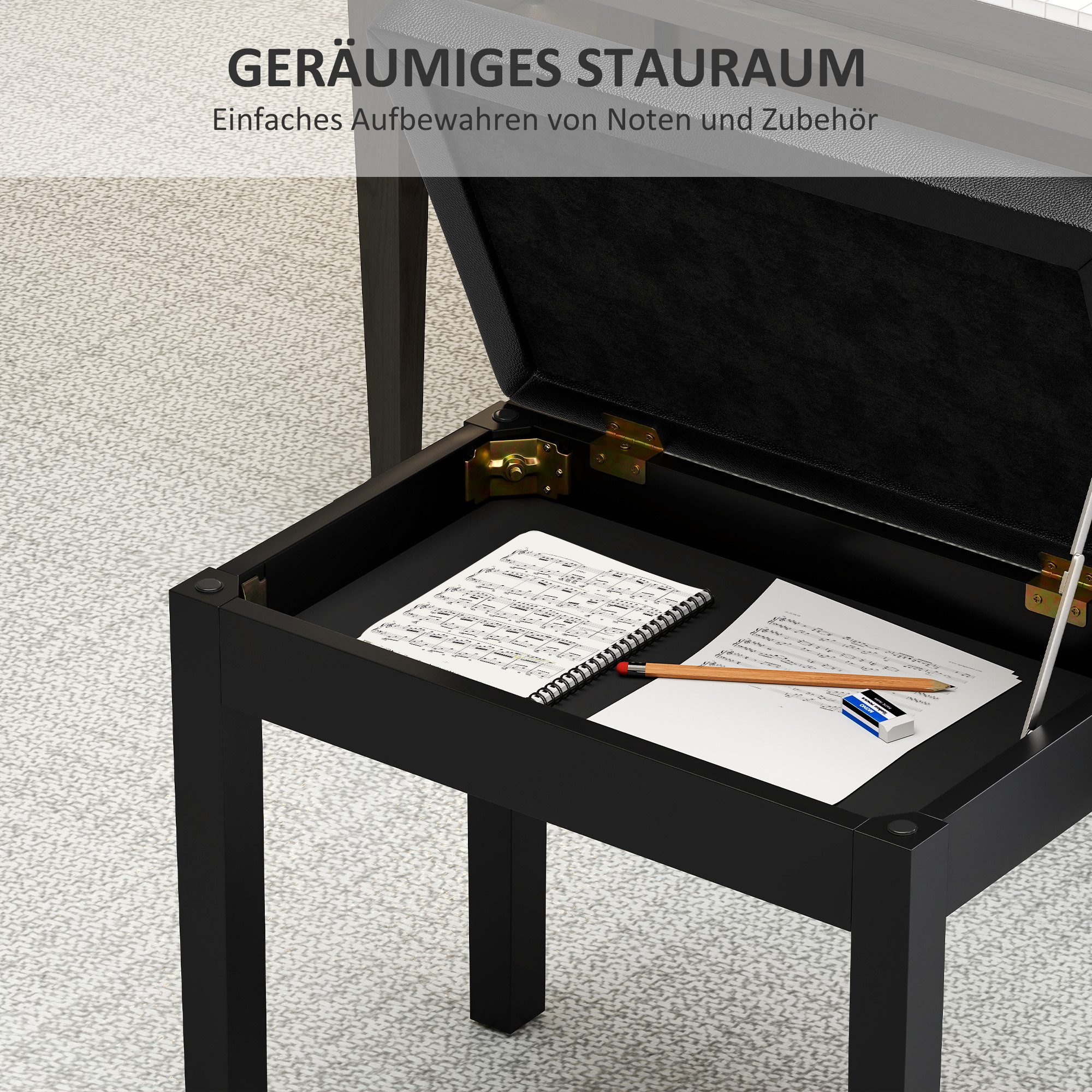 HOMCOM Klavierbank Klavierhocker mit Stauraum, Holzbeine Pianobank (Pianobank, 1-St., Klavierhocker), Kunstleder, Schwarz, 55 x 34 x 50 cm – Bild 5 von 5