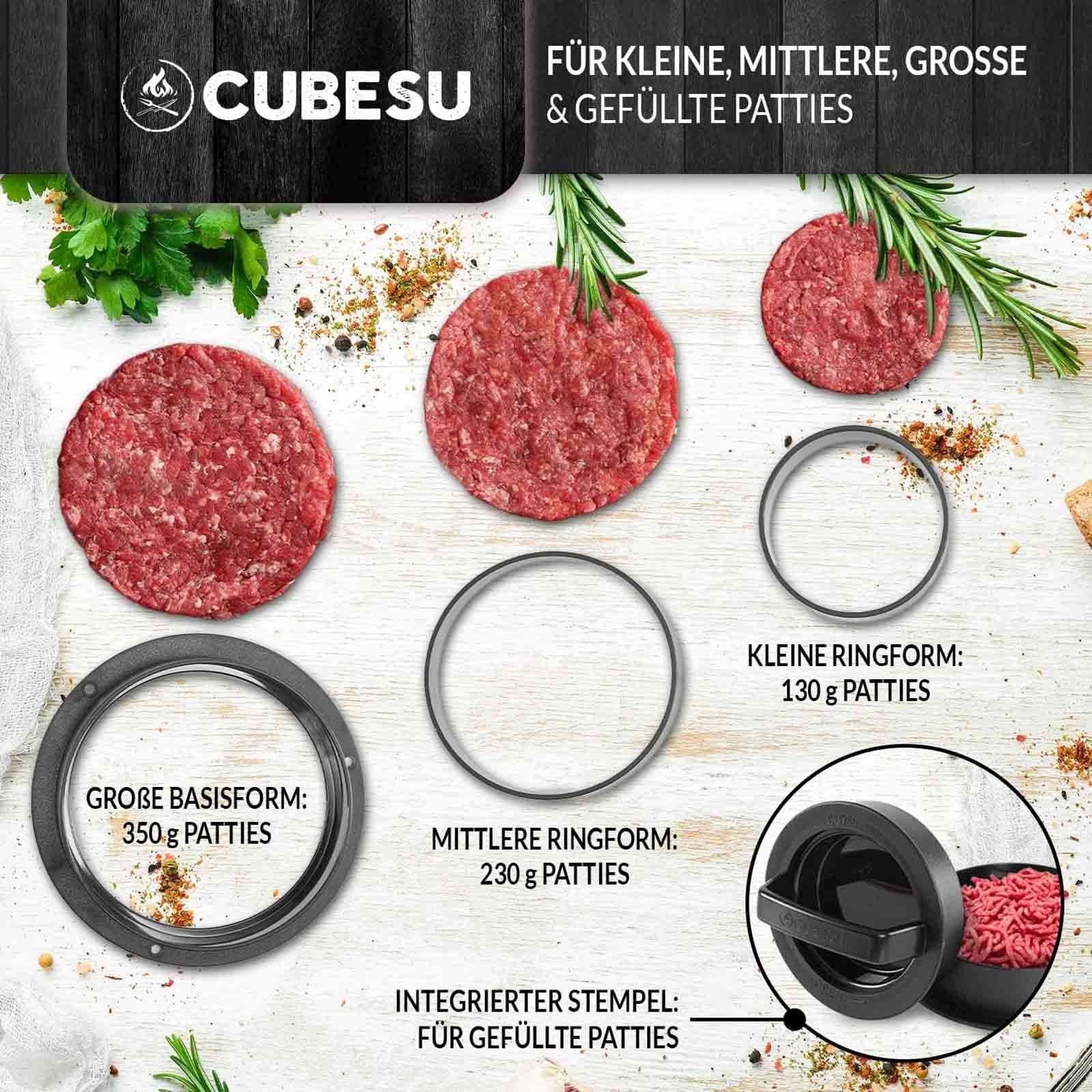 Cubesu Burgerpresse Hamburgerpresse Burger Pattie Presse (1 St), Kunststoff, 3 Größen inkl. 75 Blatt Backpapier auch für gefüllte Patties