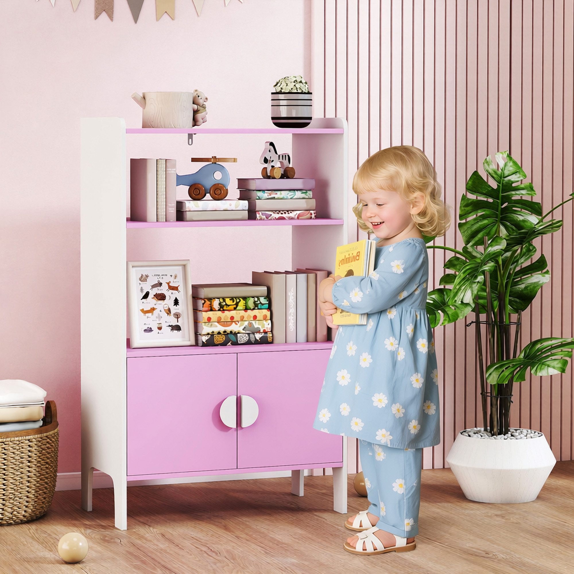 AIYAPLAY Kinderregal Aufbewahrungsregal Standregal mit Kippschutz, rutschfesten Füßen, Bücherregal Kinder 1-tlg., für Kinderzimmer 60 x 35 x 100 cm Rosa