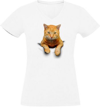 MyDesign24 T-Shirt Damen Katzen Print Shirt bedruckt - Gelbe Katze in der Tasche Slim Fit, i109, Baumwollshirt mit Aufdruck