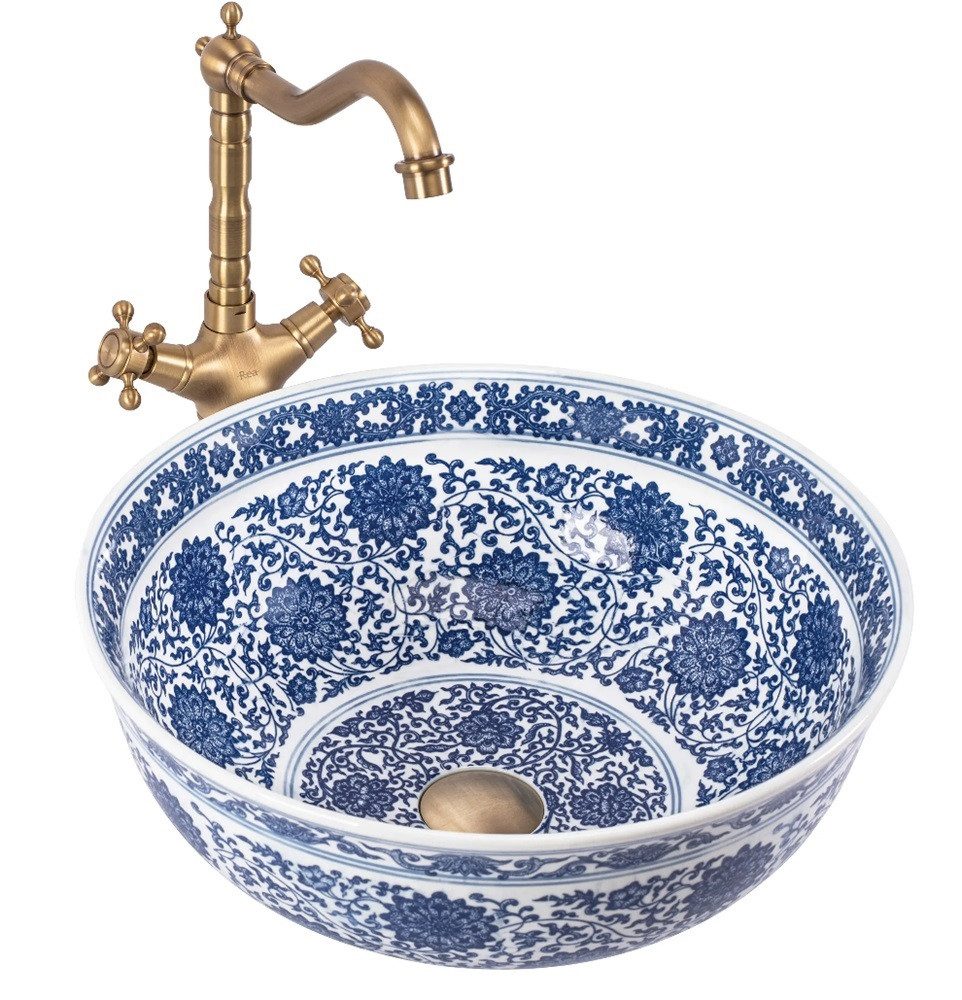 wohnwerk.idee Aufsatzwaschbecken Waschbecken Vintage Blau Ornamente Bella ∅41,5cm