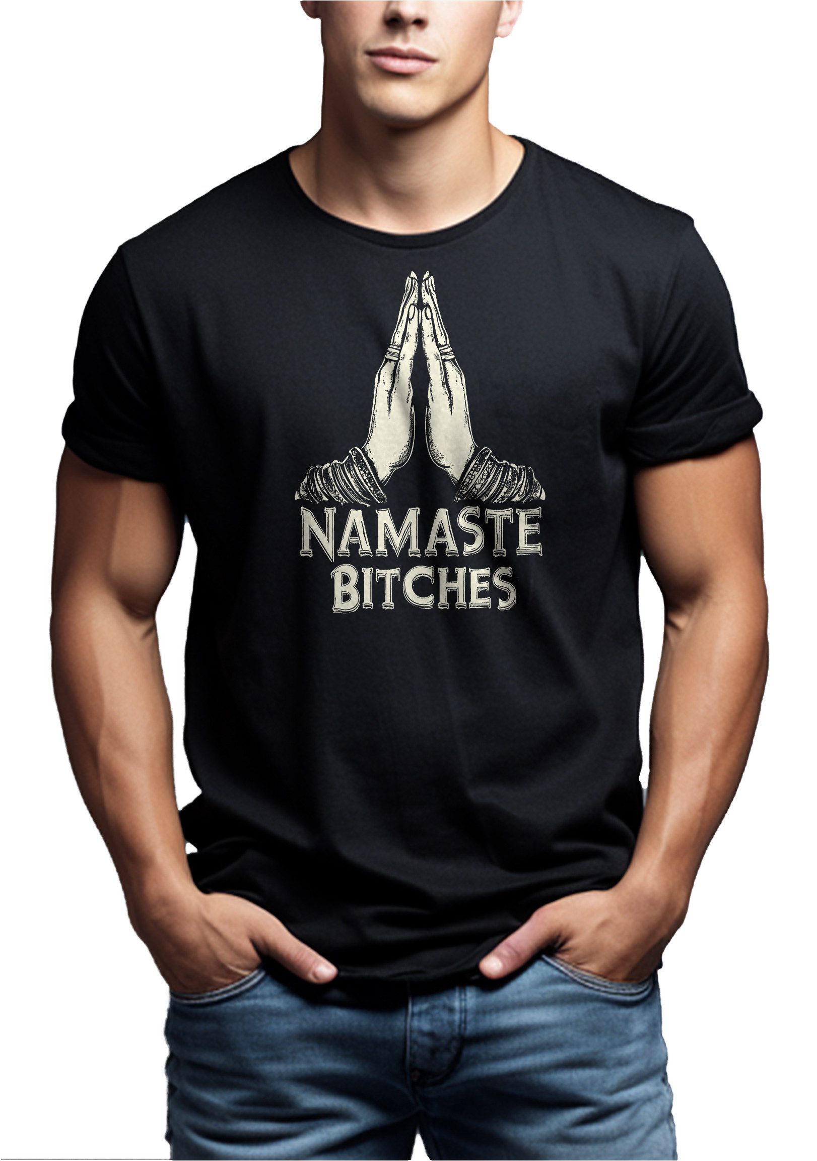 MAKAYA T-Shirt Printshirt für Herren – Yoga-Style mit Buddha und Namaste (Schwarz, Grün, Blau, Blaugrau, Grau, S, M, L, XL, XXL, XXXL, XXXXL, XXXXXL) Baumwolle