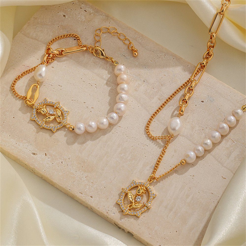 Pearl Rose Rouemi Halskette, Pearl Damen Anhänger Perlenkette Vintage Armband Goldfarben-B