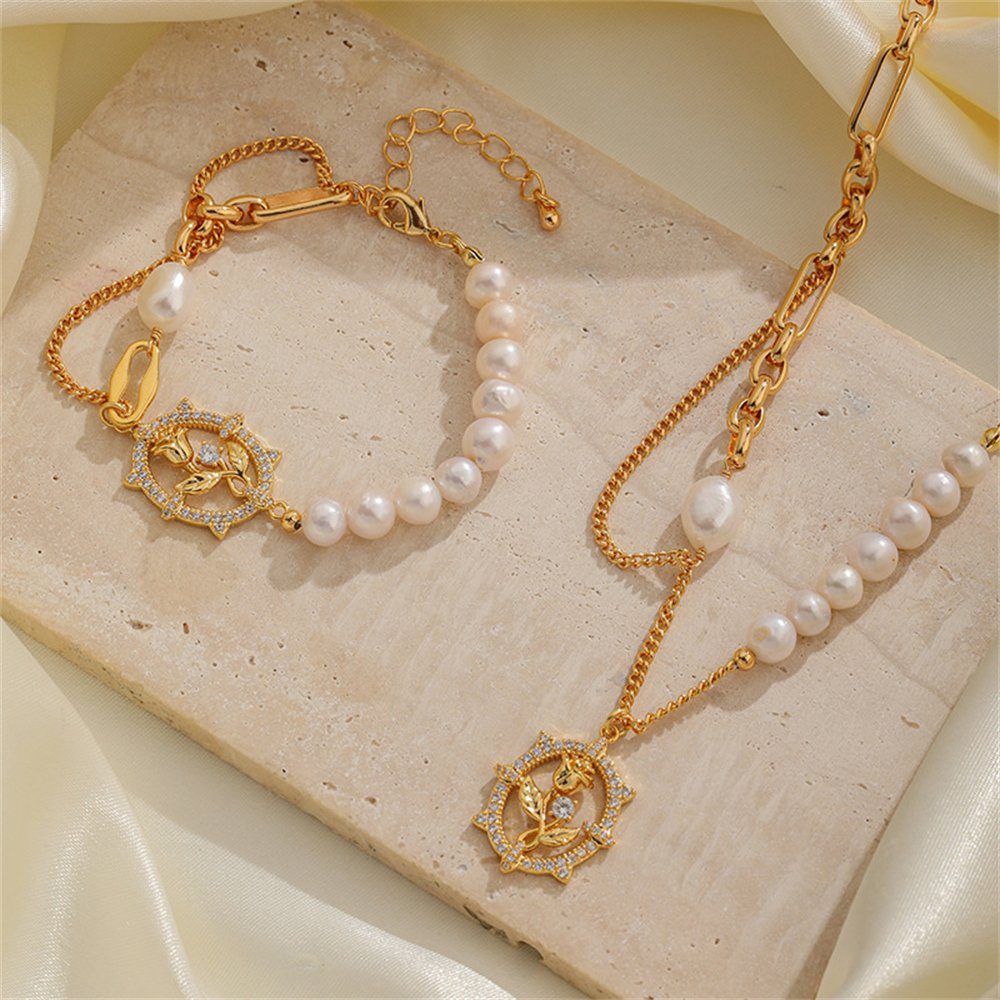 Halskette, Perlenkette Pearl Armband Pearl Rouemi Goldfarben-B Vintage Rose Damen Anhänger