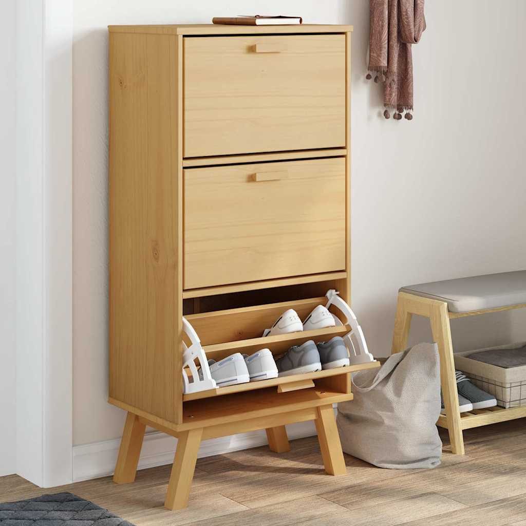 furnicato Schuhschrank Massivholz 55 x 35 x 120 cm Braun (1-St) Stabiler Schuhständer mit 3 Klappen und Ablagefläche für Deko