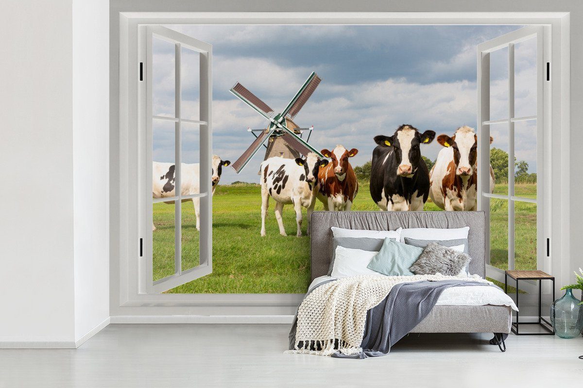MuchoWow - Tapete für Schlafzimmer, Kuh (6 Ansicht bedruckt, Mühle, Wallpaper Wohnzimmer, - Matt, Kinderzimmer, Vinyl St), Fototapete