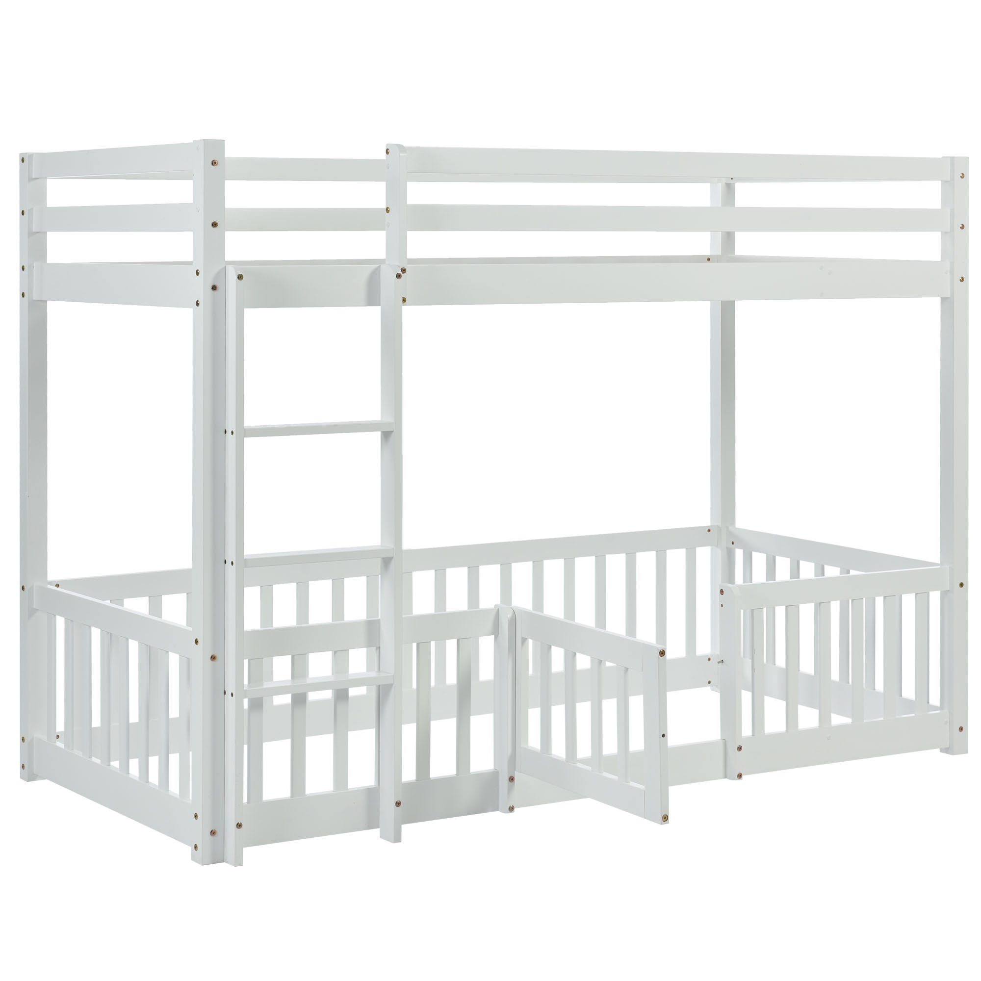 Etagenbett (Hochbett 90x200 cm mit Lattenrost und Rausfallschutz), Kinderbett mit Leiter, Zäune und Tür, aus massivem Kiefernholz