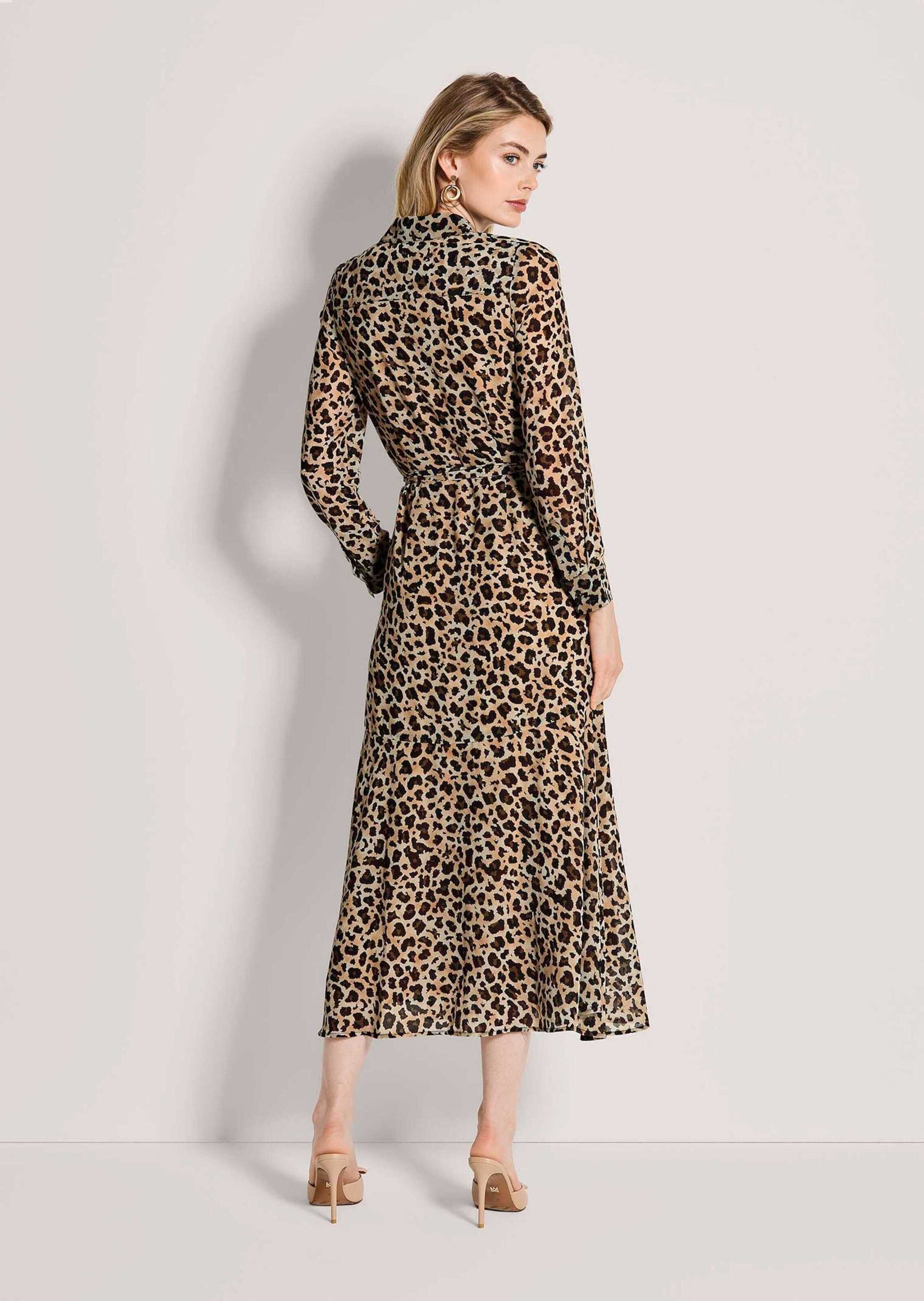 MADELEINE Maxikleid Druckkleid mit Leo-Muster Midikleid mit Hemdkragen, Bindeband, Knöpfen, Wadenlänge und Langarm