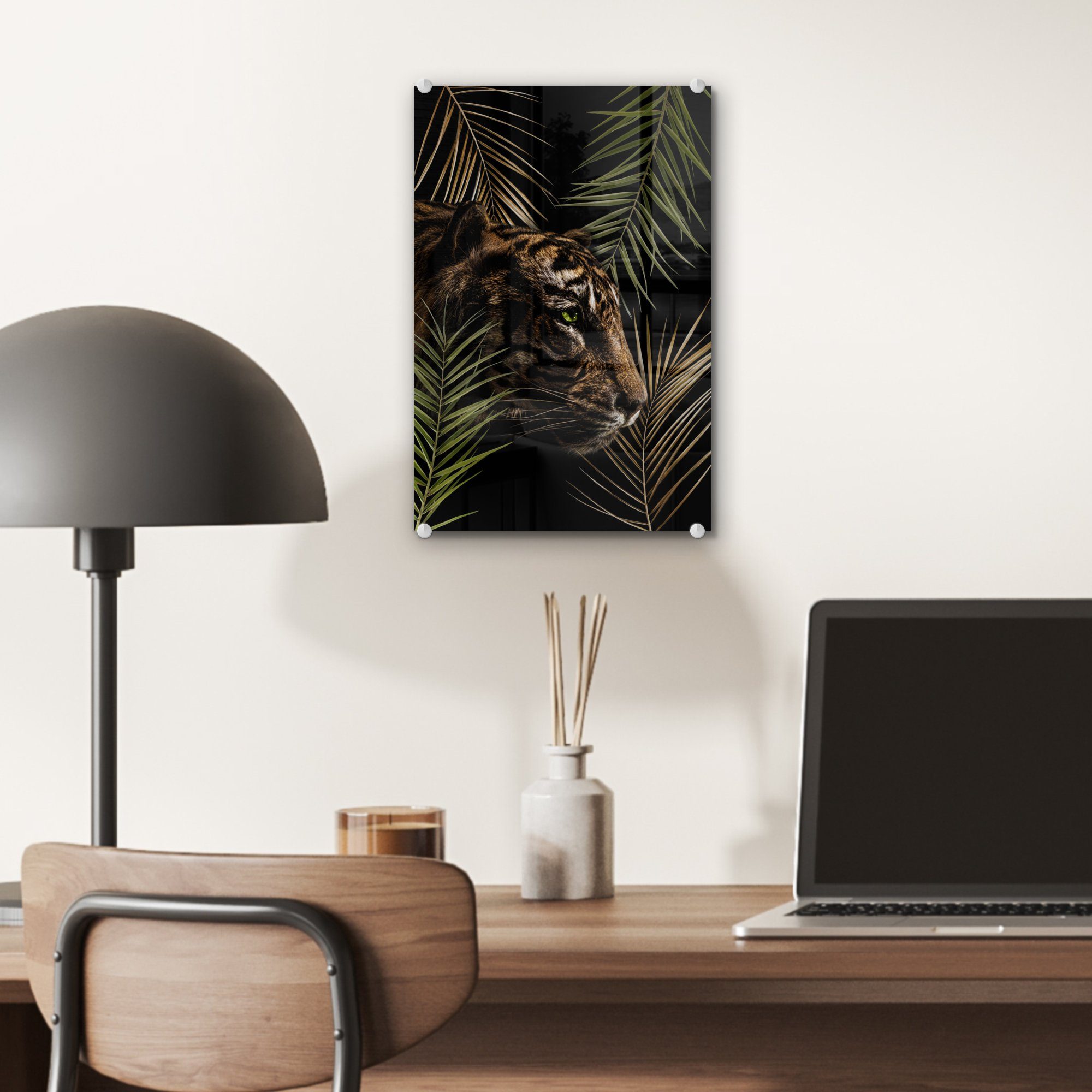 MuchoWow Acrylglasbild Tiger - (1 Glas - Glasbilder Pflanzen Wanddekoration - St), Wandbild bunt Palme, auf - Foto Bilder - Glas auf