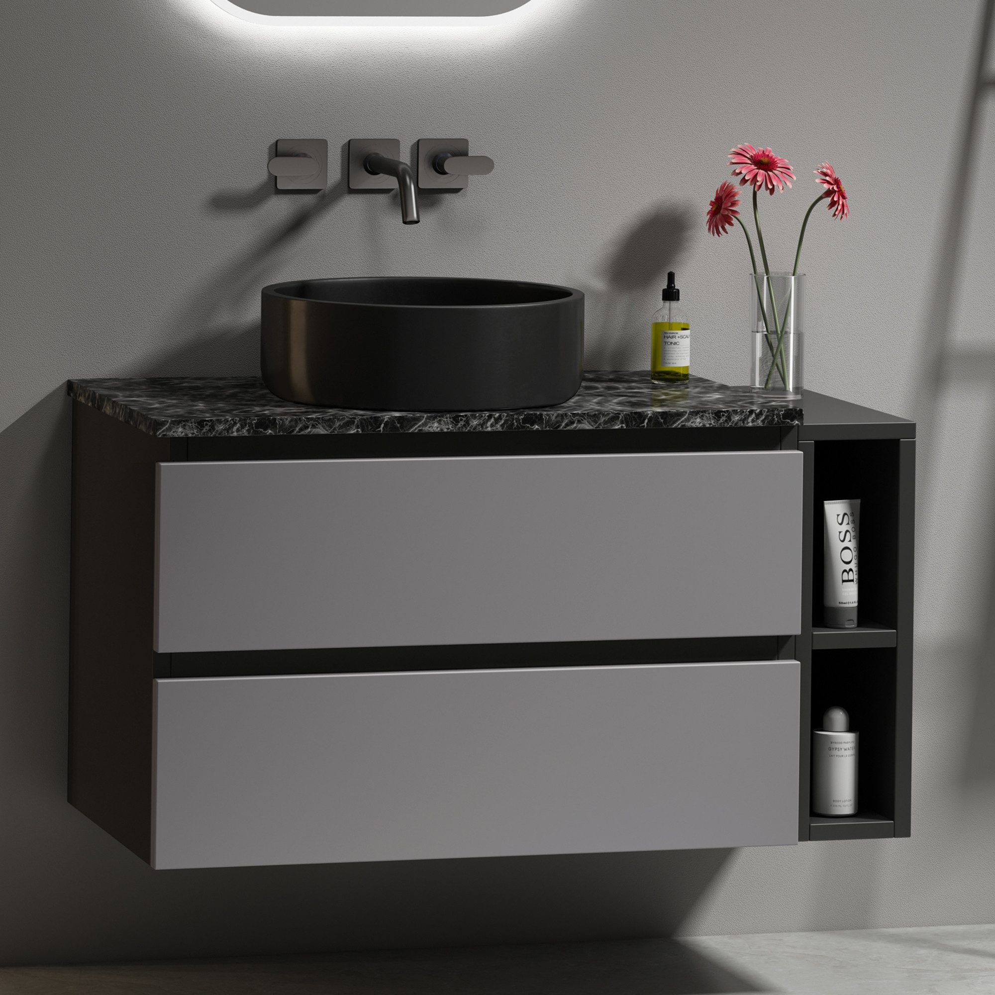 HT Waschbeckenunterschrank hängend 80cm breit mit Keramikwaschbecken und Schubladen, 80 x 48.5 x 44cm