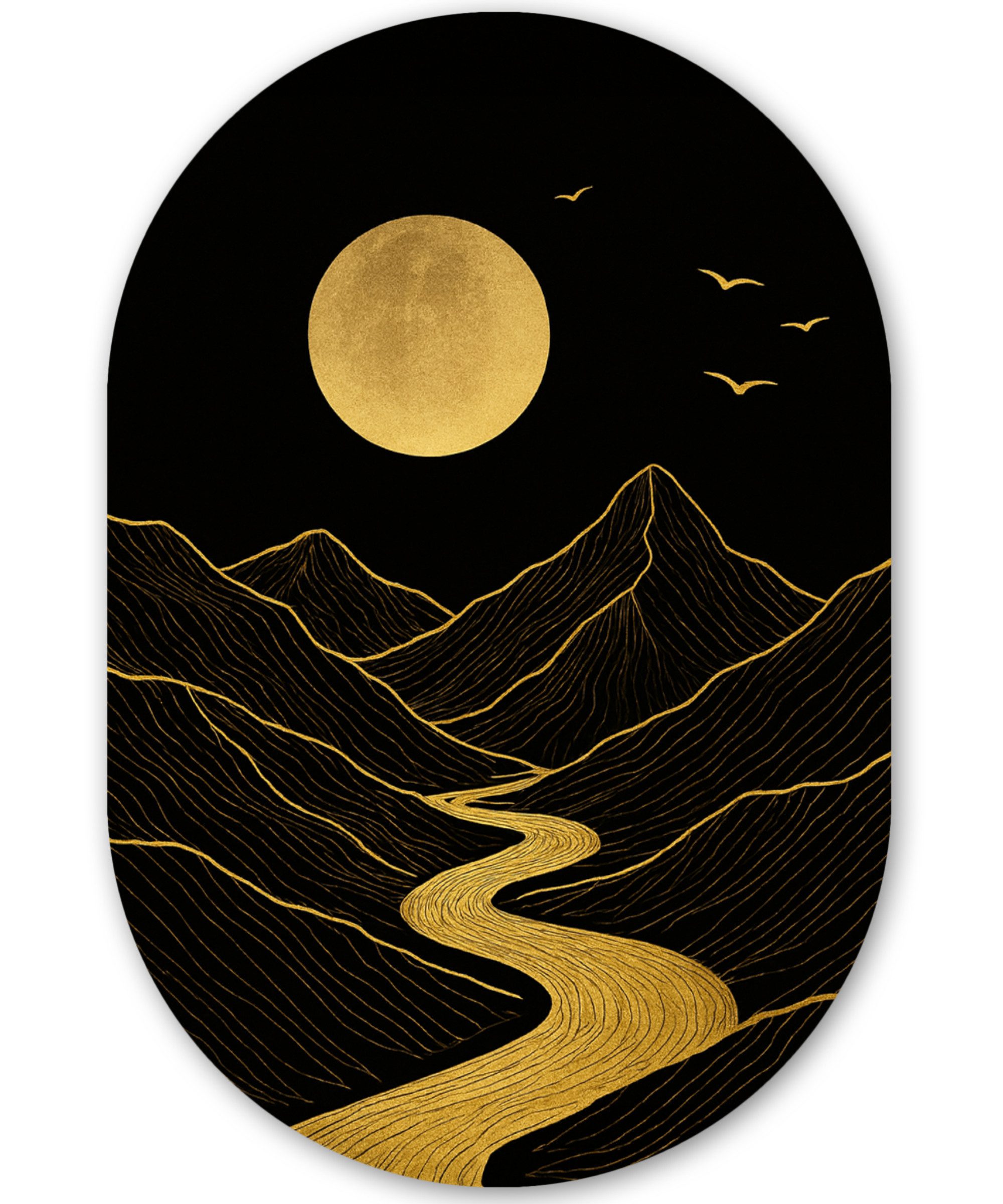 MuchoWow Gemälde Fluss - Gold - Mond - Vögel, Fotodruck (1 St), Wandbild Oval, Wohnzimmer oder Schlafzimmer Wanddekoration, 40x60 cm