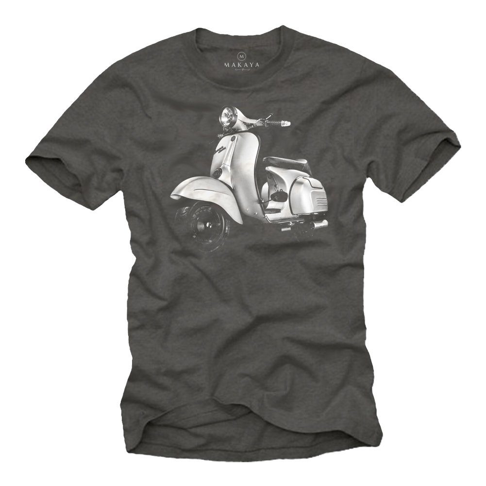 MAKAYA T-Shirt Herren Vintage Hippie Roller Motiv 60er 70er 80er Jahre Scooter Männer mit Druck, aus Baumwolle Grau