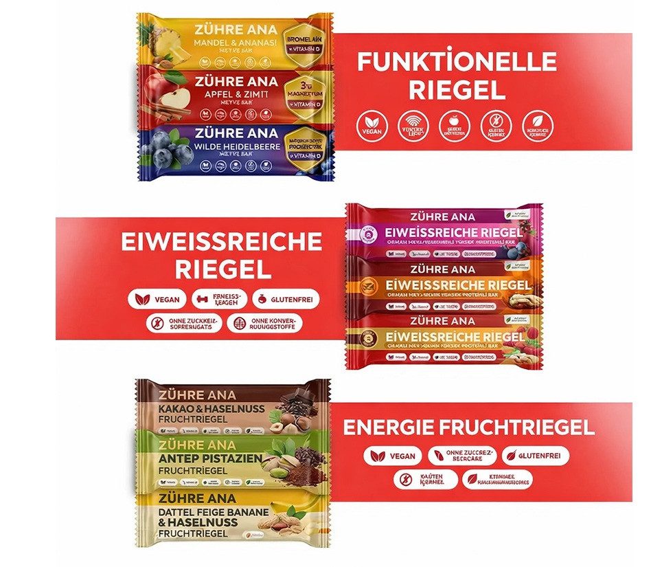 Zühre Ana® Riegel Fruchtriegel Mix Box 9x – Protein, Vegan, Ohne Zuckerzusatz, 315 g, Praktischer und leckerer Snack, 35gr x 9 Stück