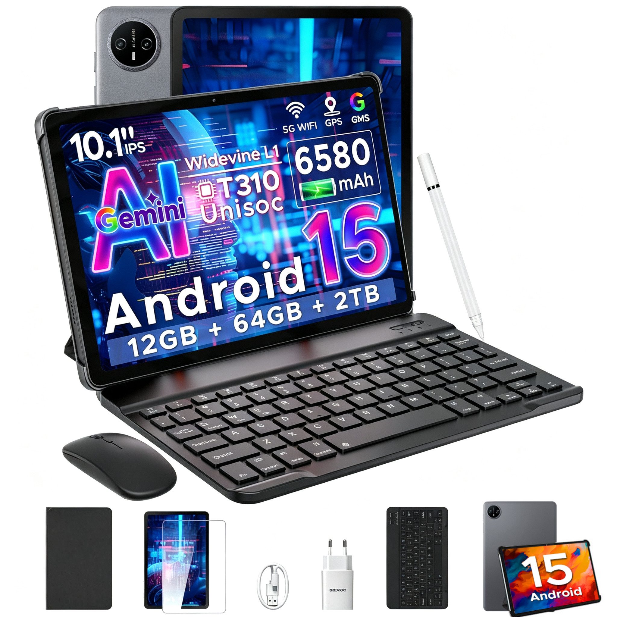 DOOGEE TAB A9 Tablet 10 Zoll, Android Tablet, 64GB ROM (TF 2TB), 5G WiFi Tablet (10.1", 64 GB, Android 15, Wifi, Android 16, Tablet mit Tastatur/Stift/Maus/Hülle, Face ID)