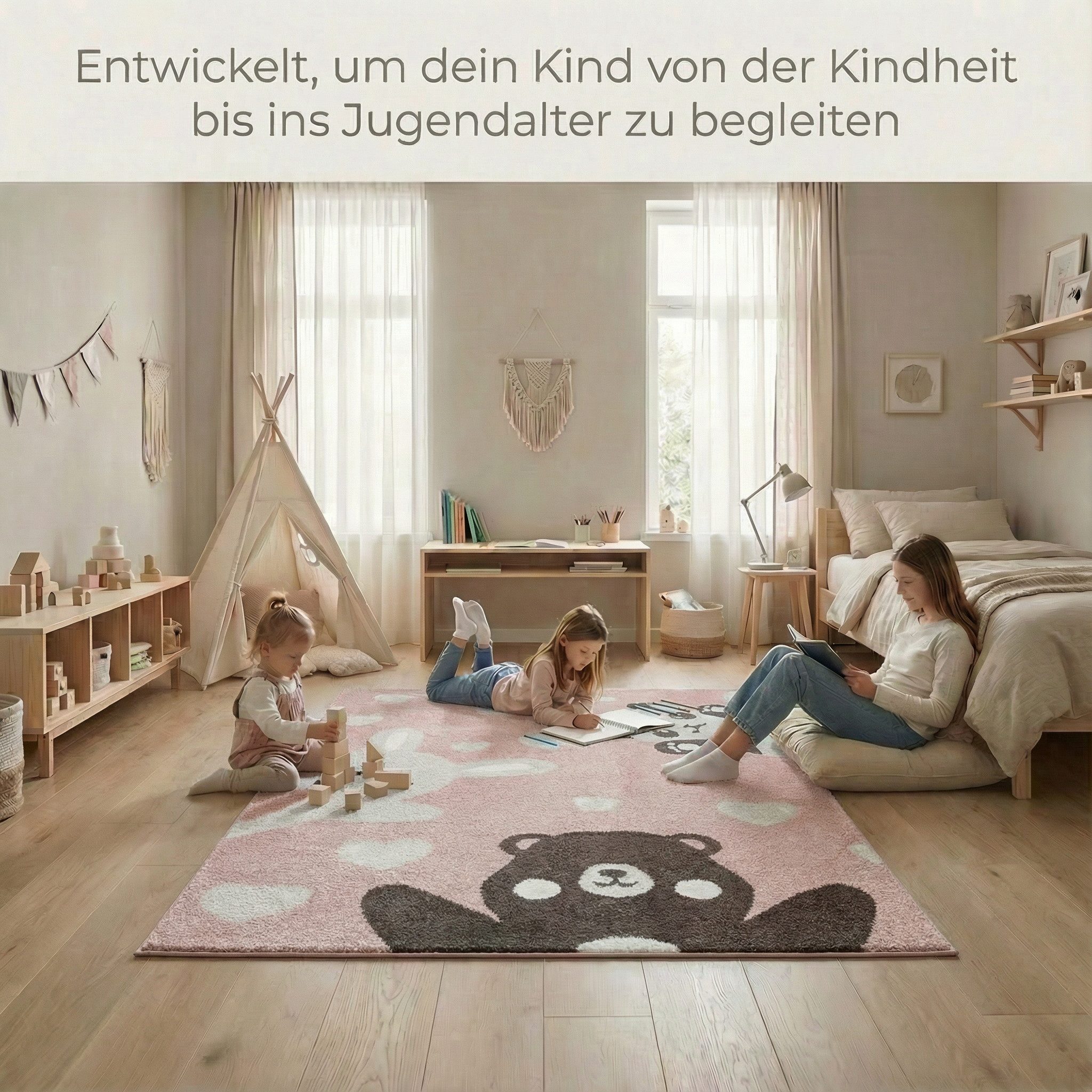 Jimri Kinderteppich Happy Friends Teppich für Kinderzimmer, Kinderteppich Bär Hase Panda, Läufer