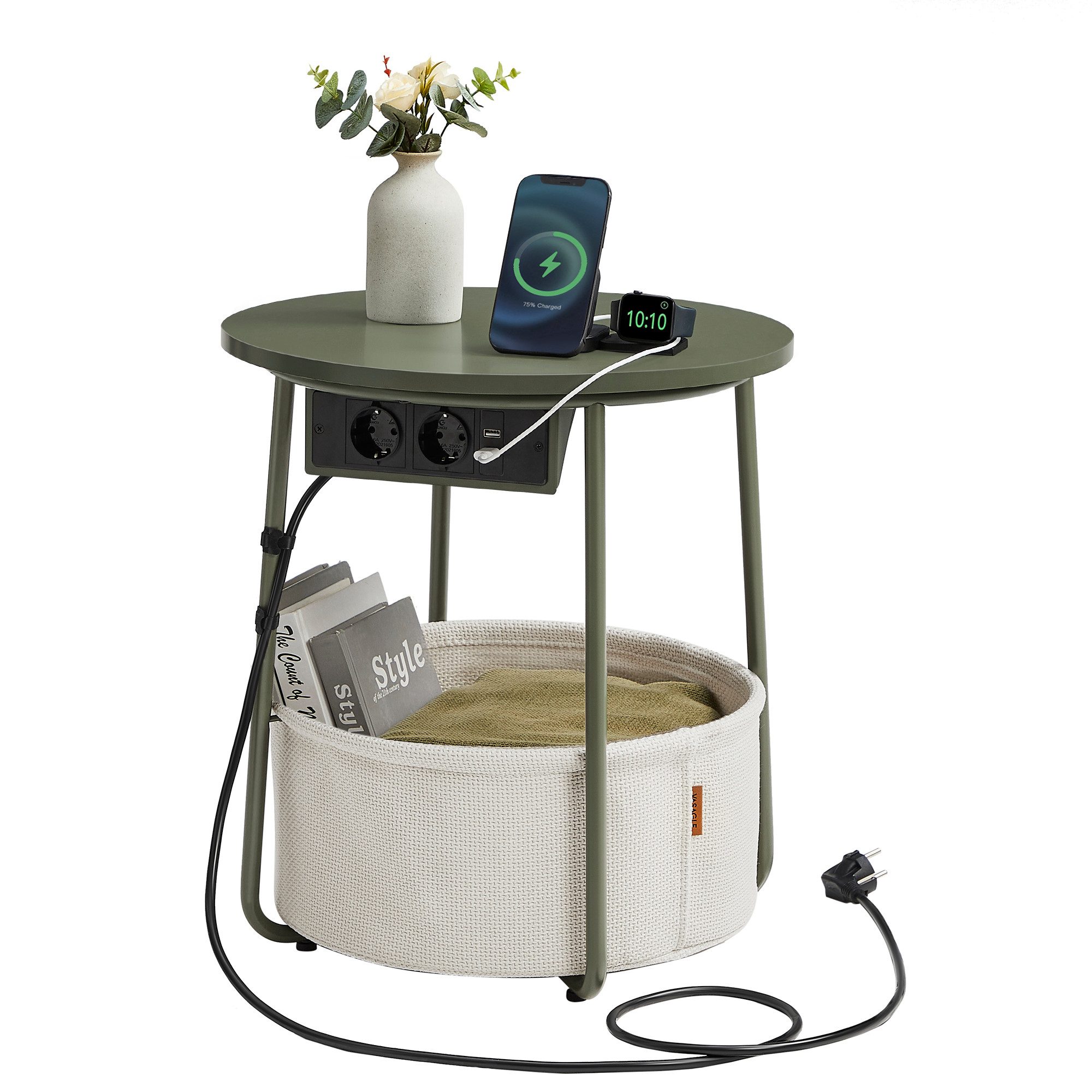 VASAGLE Beistelltisch, rund, mit Steckdose, USB-Anschlüsse, mit Korb aus St günstig online kaufen