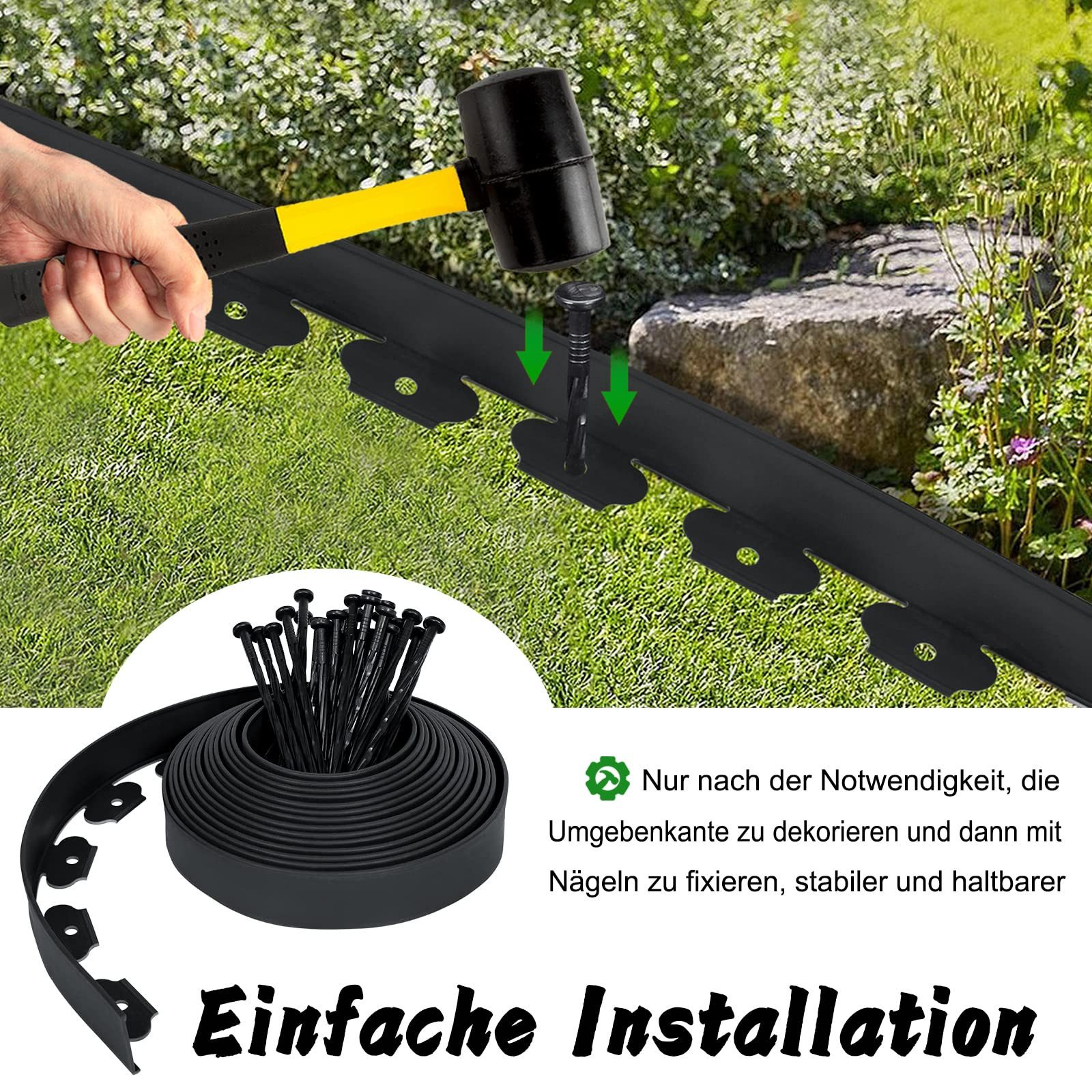 FIVMEN Beetumrandung Rasenkante Kunststoff 20m Flexible mit 60 Befestigungsnägeln, Beeteinfassung, Schwarz/Grau/Grün – Bild 5 von 5