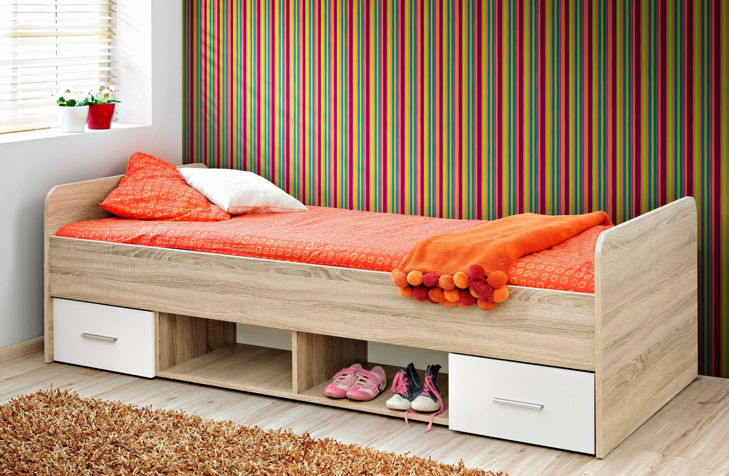 Stylefy Jugendbett Dino Sonoma Eiche, Weiß Matt (Jugendbett, Bett), 90x200,  mit 2 Schubladen, viel Stauraum, Modern Design, Liegekomfort, made in Europa