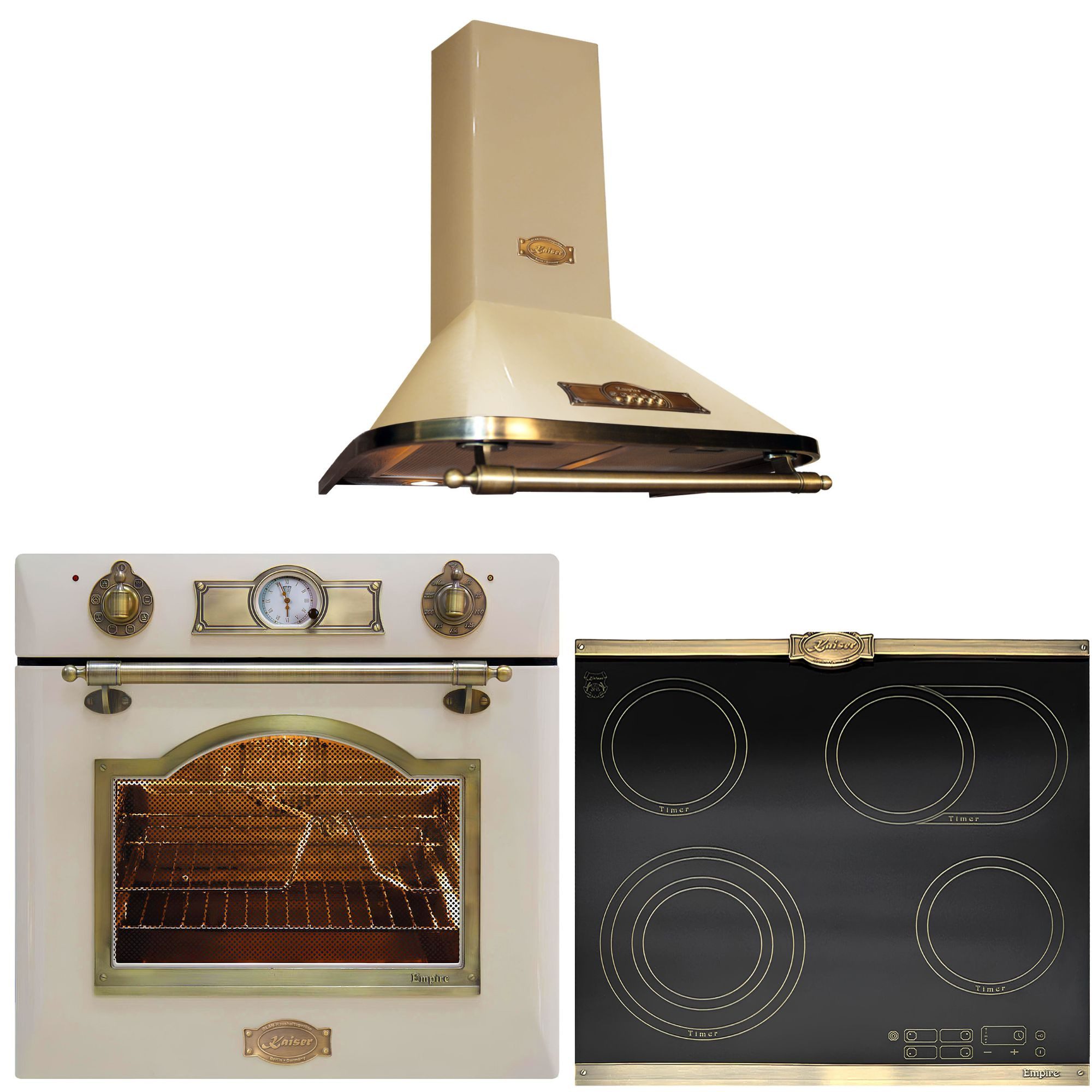 Kaiser Küchengeräte Backofen-Set Herd Set Autark Elektro Einbaubackofen, Teleskop-System, 67L, 8 Funktionen, 60 cm mit Exklusives Autarkers High Light Glaskeramik Kochfeld 60cm+Exklusive Designer Retro Abzugshaube 910 m³/h EH 6355 ElfEm+KCT 6185 Em+ A 6315 ElfEm ECO, mit 1-fach-Teleskopauszug, Elektro Einbaubackofen+Glaskeramik Kochfeld 60cm+Dunstabzugshaube