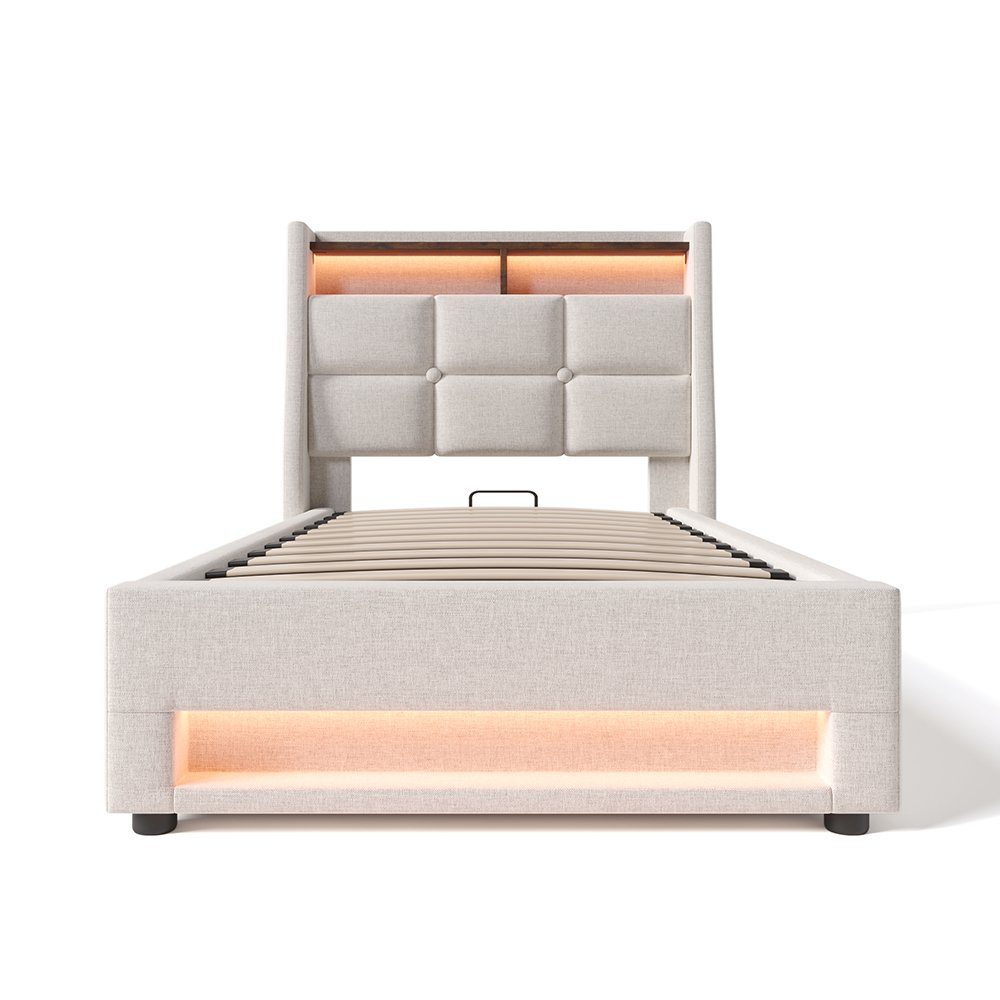 Polsterbett (Funktionsbett, 90x200 cm Hydraulisches Bett mit Lattenrost), Stauraumbett mit LED-Beleuchtung und USB-Anschluss, Baumwolle-Leinen