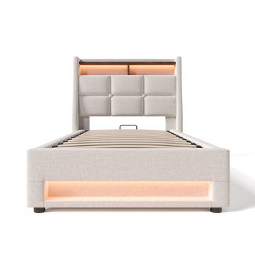 PHOEBE CAT Polsterbett (Funktionsbett, 90x200 cm Hydraulisches Bett mit Lattenrost), Stauraumbett mit LED-Beleuchtung und USB-Anschluss, Baumwolle-Leinen
