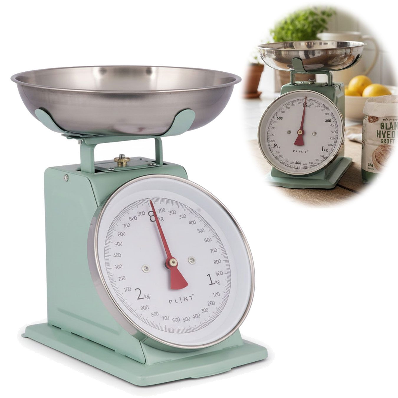 LS-LebenStil Küchenwaage Vintage Backwaage Retro Grün Manuelle Waage mit großem Ziffernblatt, (Manuelle Analoge Backwaage großes Ziffernblatt, 2-tlg., mit 1L Edelstahl Schüssel ohne Batterie / Strom Küche Waage), 3kg Skala mit großer Rührschüssel