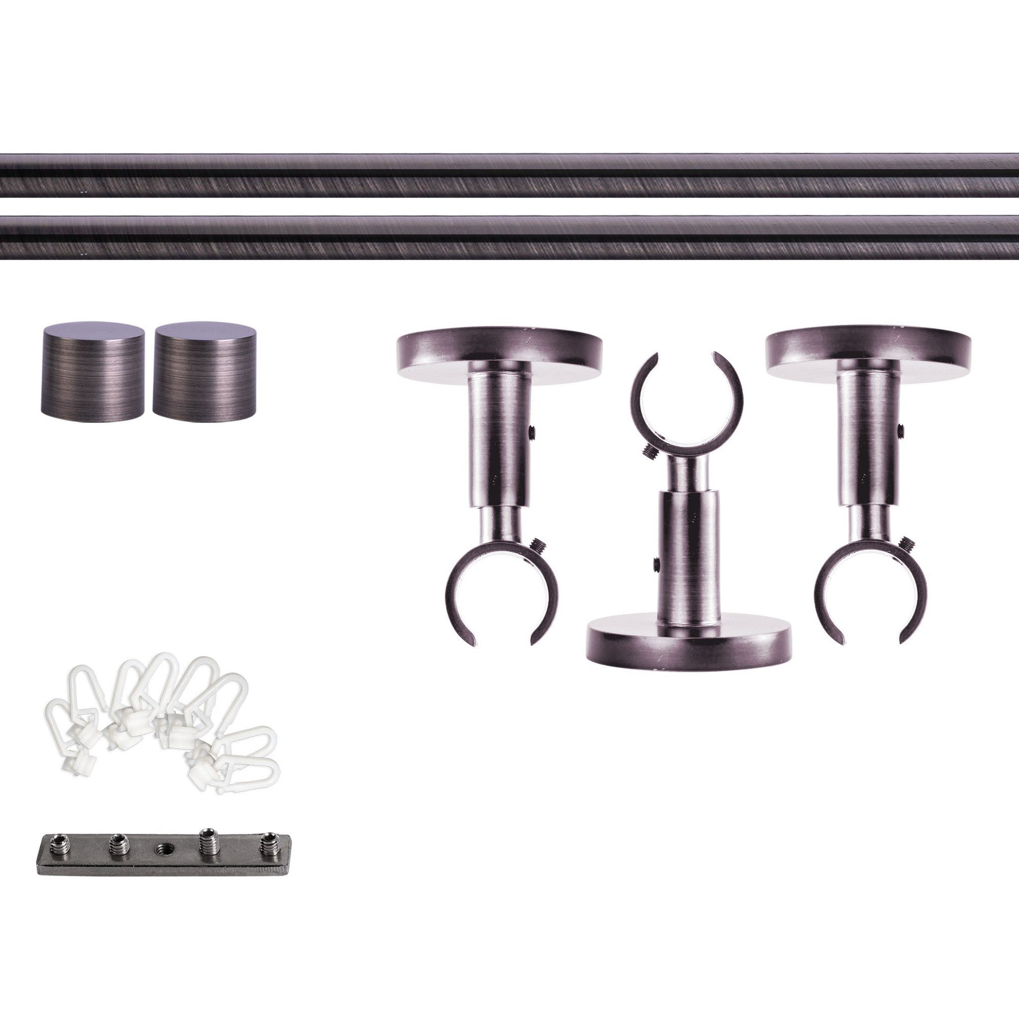 Victoria M. Gardinenstange Set Innenlauf, 240 cm, anthrazit, Kappe, Gleiter, Ø 19 mm, 1-läufig, mit Bohren, verschraubt, Aluminium, Innenlauf-System, individuell konfigurierbar, Komplettset