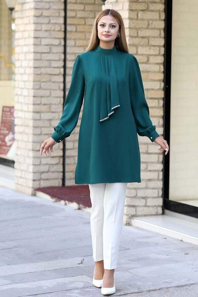 fashionshowcase Longtunika Longtunika Damen Bluse langärmelig mit Kragen - Modest Fashion