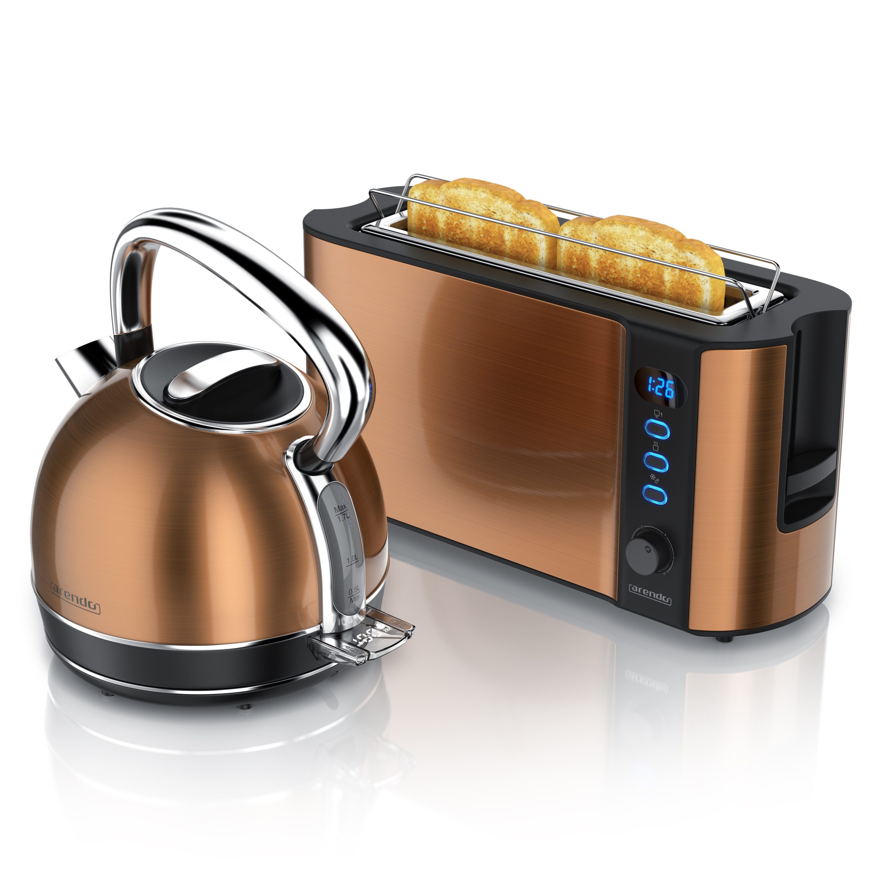Arendo Frühstücks-Set Edelstahl Wasserkocher 1,7l, 2-Scheiben Langschlitz Toaster, kupfer (2-tlg), Vintage Wasserkocher Temperatureinstellung, Toaster Brötchenaufsatz