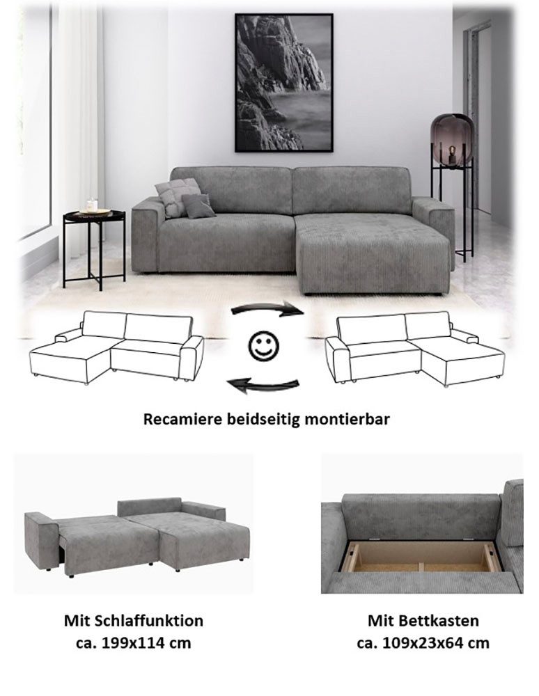 Home affaire Ecksofa Chance, Recamiere beidseitig montierbar, Schlaffunktion, Breite 265 cm, in Cordstoff HYPER, mit Schlaffunktion und Bettkasten