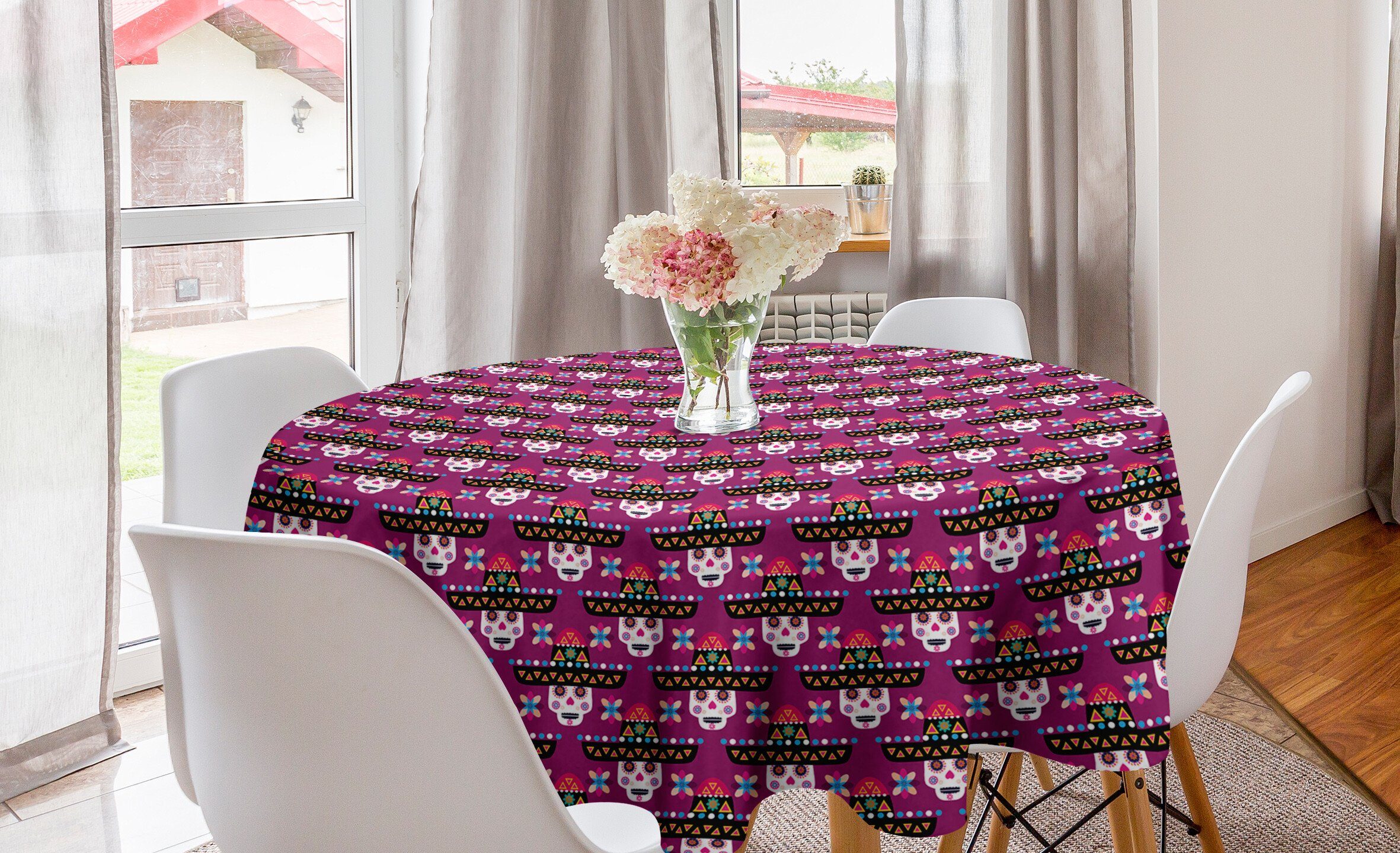 Abakuhaus Tischdecke Kreis Tischdecke Abdeckung für Esszimmer Küche Dekoration, Cinco de Mayo Mexikanischer Aufwändiger Schädel