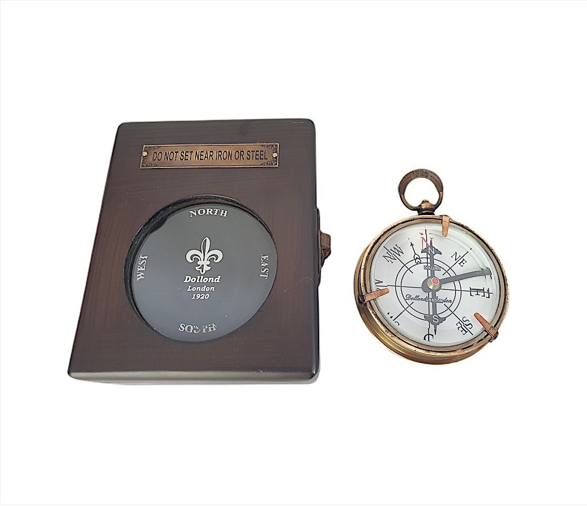 Linoows Dekoobjekt Tischkompass in Holzbox, Maritimer Taschenuhren Kompass, Reproduktion
