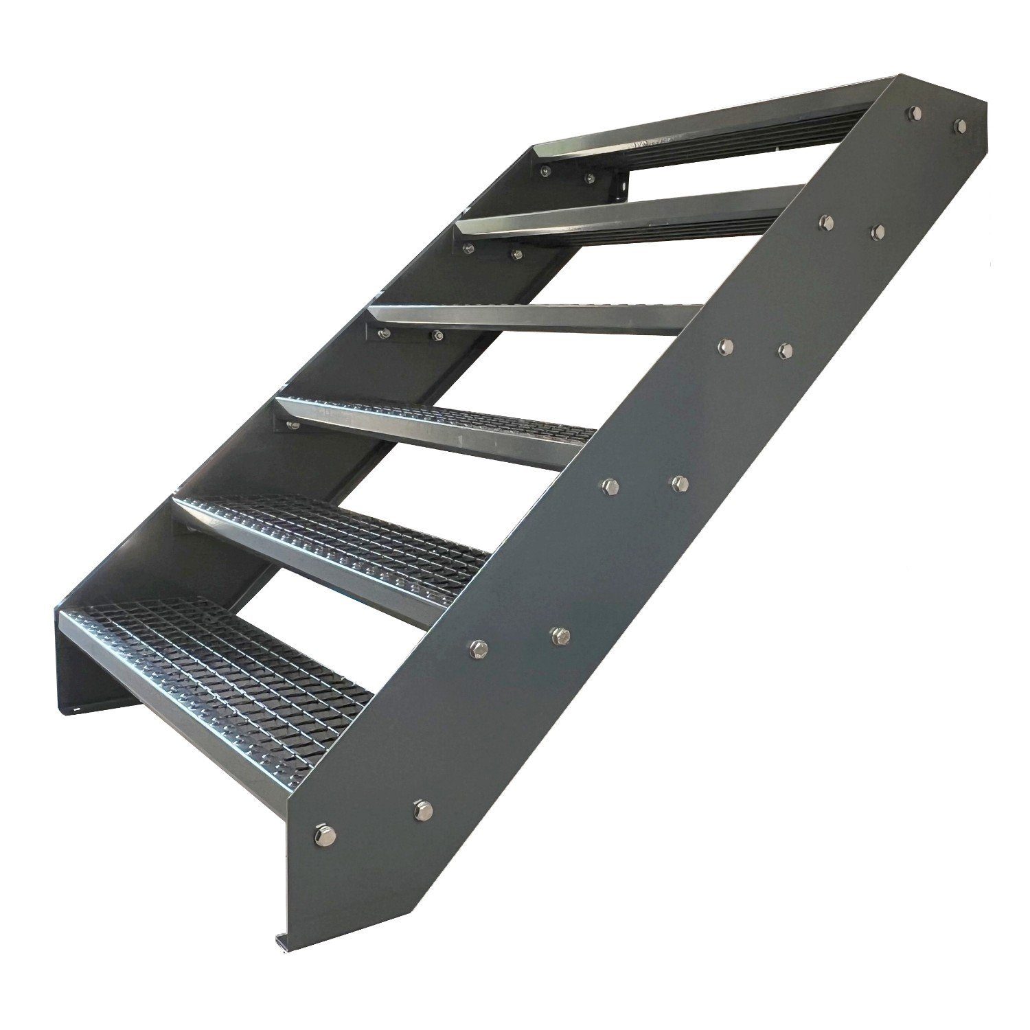Kaminbau Mierzwa Außentreppe Premium Treppe Komplett Anthrazit Höhe Verstellbar, für Geschosshöhen bis 114 cm, Stufen Gitterroststufen nach DIN 24531, (Höhe 114 cm, Breite wählbar aus 60, 80, 100, 120, 140 cm), Gartentreppe Stahltreppe Wetterfest Rostfrei Feuer-Verzinkt Rutschfest