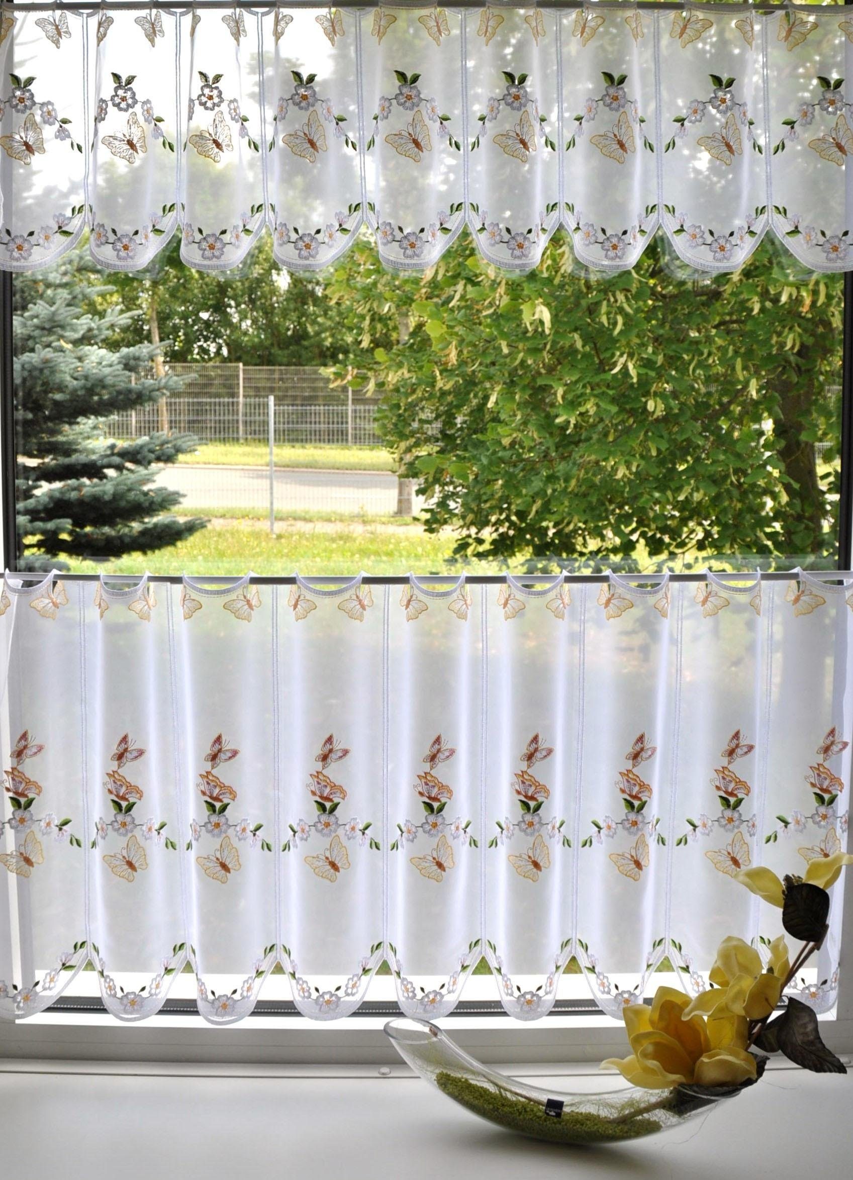 Scheibengardine Schmetterling, Stickereien Plauen, Stangendurchzug (1 St),  transparent, Voile
