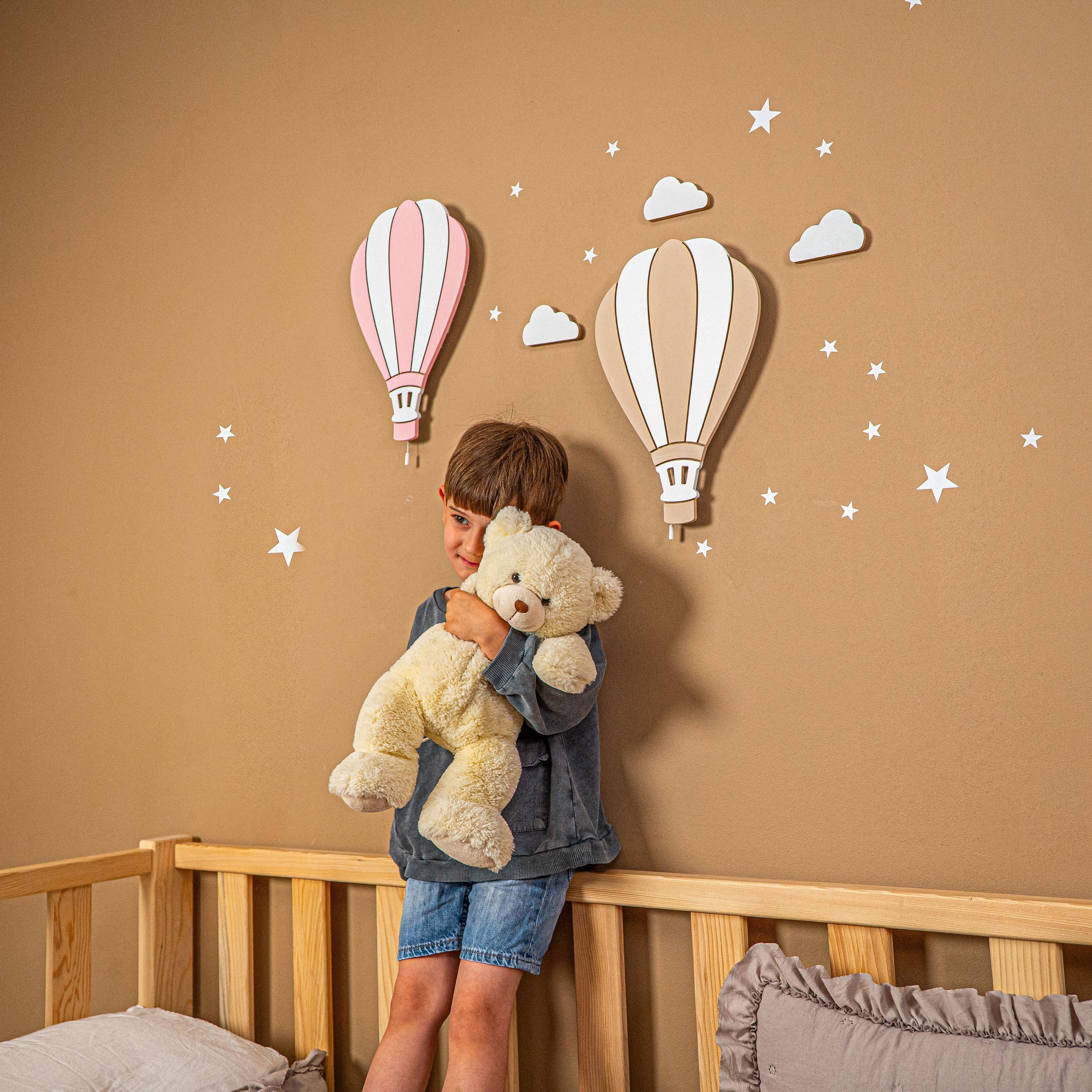 COZYCOLLECTIONS LED Wandleuchte Wandlampen-Heißluftballons (Rosa & Beige)in Holzoptik, LED, Warmweiß, Handgemachtes 3er-Set aus Holz, LED warmweiß, 9V, Zugschnur